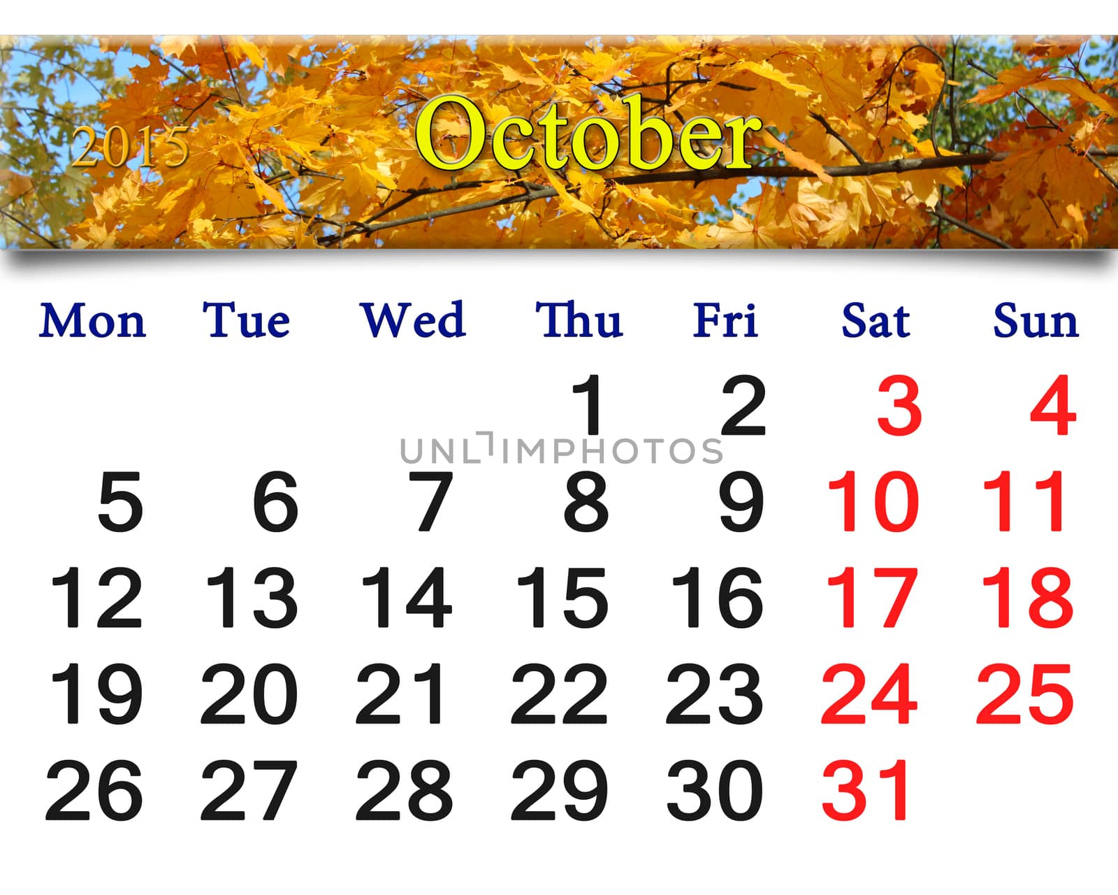calendar for October of 2015 with the yellow leaves by alexmak