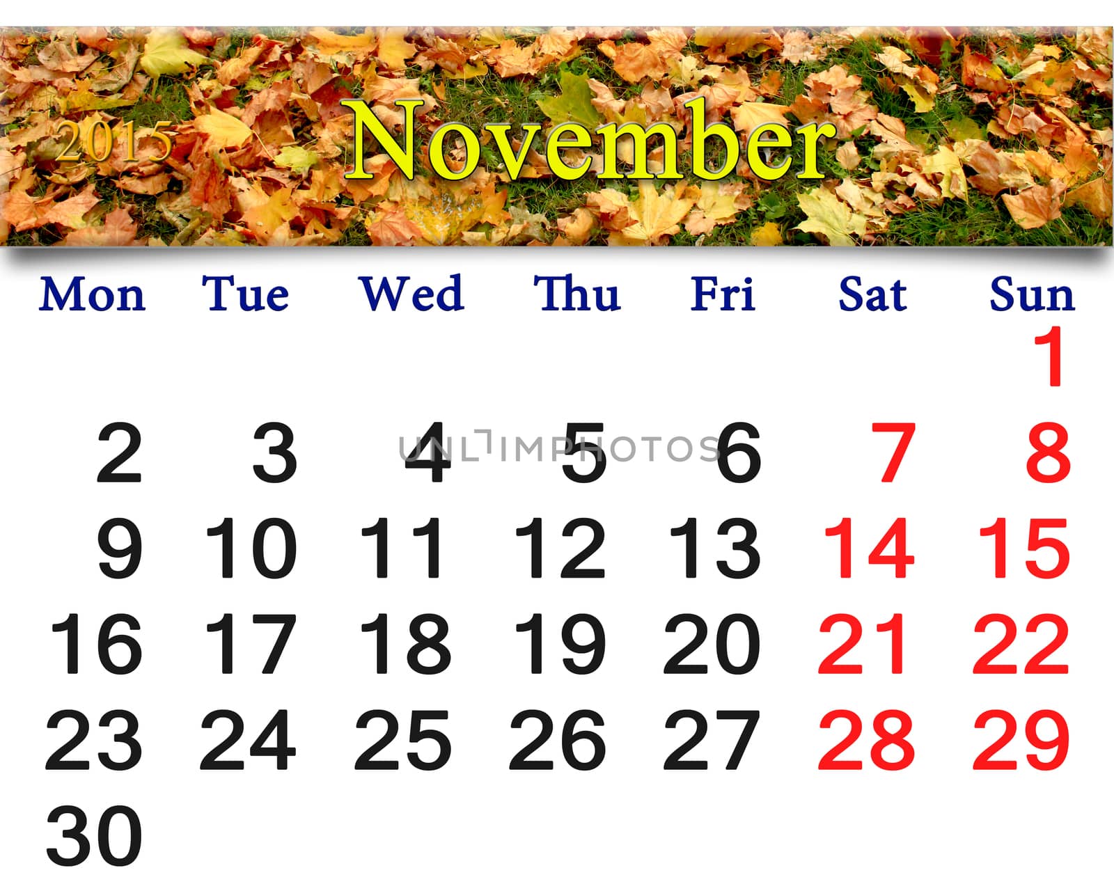 calendar for November of 2015 with the yellow leaves by alexmak