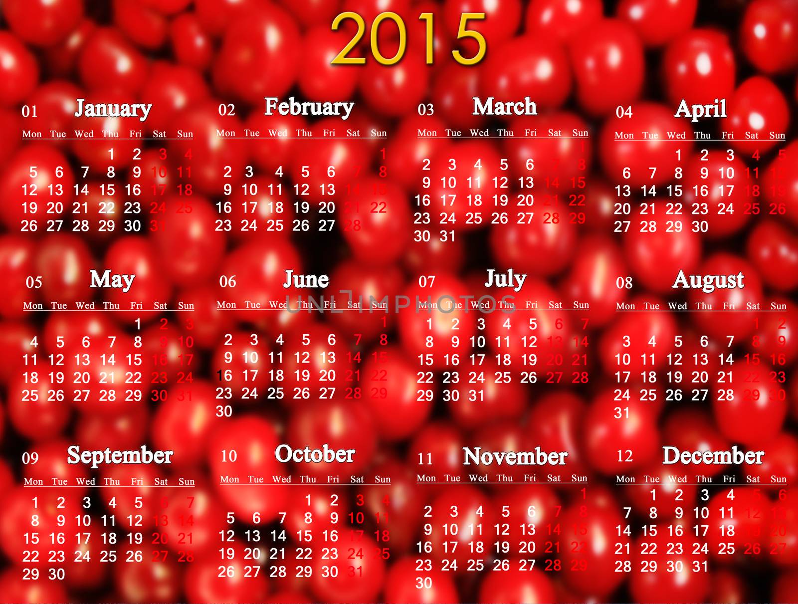 office calendar for 2015 year on the red cherry's background in English