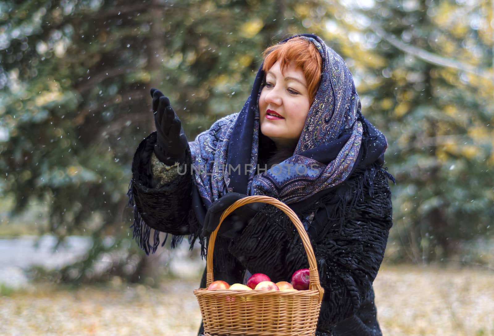 Woman with basket of apples in the forest, comes the first snow. She catches snowflakes in the palm of his hand, and rejoices.