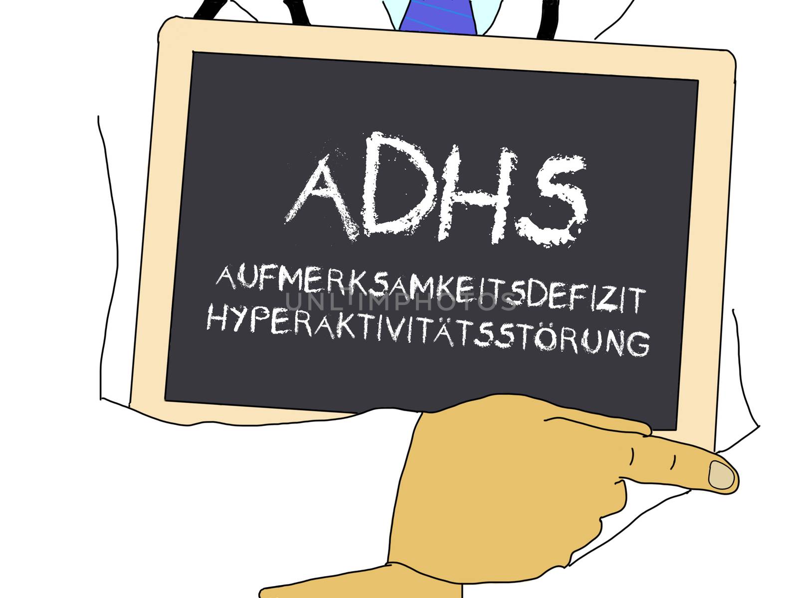 Illustration: Doctor shows information: adhd in german