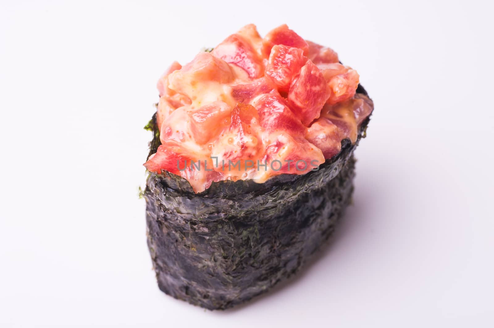 Salmon gunkan sushi isolated on white background