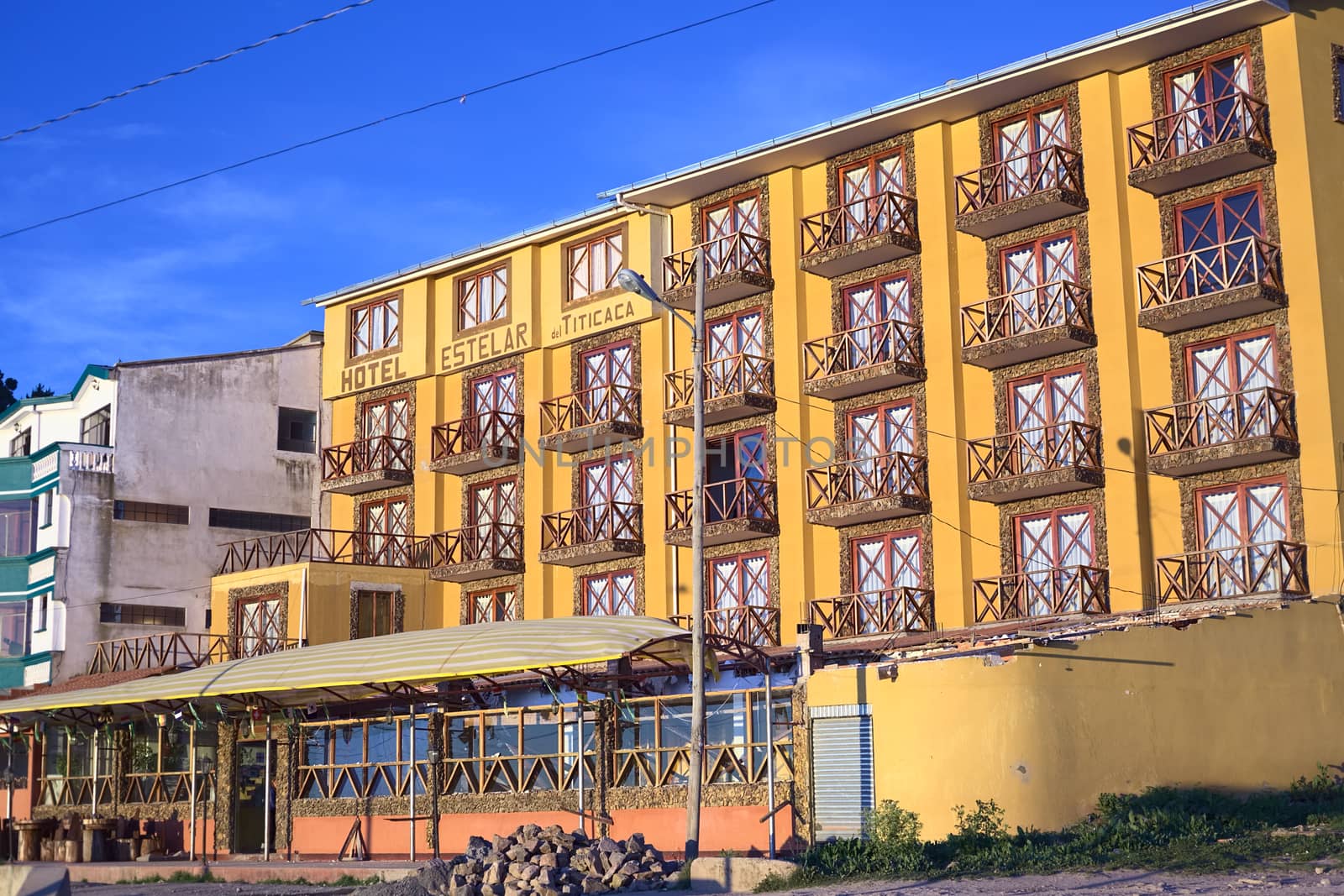 COPACABANA, BOLIVIA - OCTOBER 17, 2014: Hotel Estelar del Titicaca on the shore of Lake Titicaca in the small tourist town on October 17, 2014 in Copacabana, Bolivia