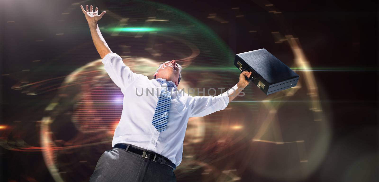 Businessman holding briefcase and cheering against global technology background in orange