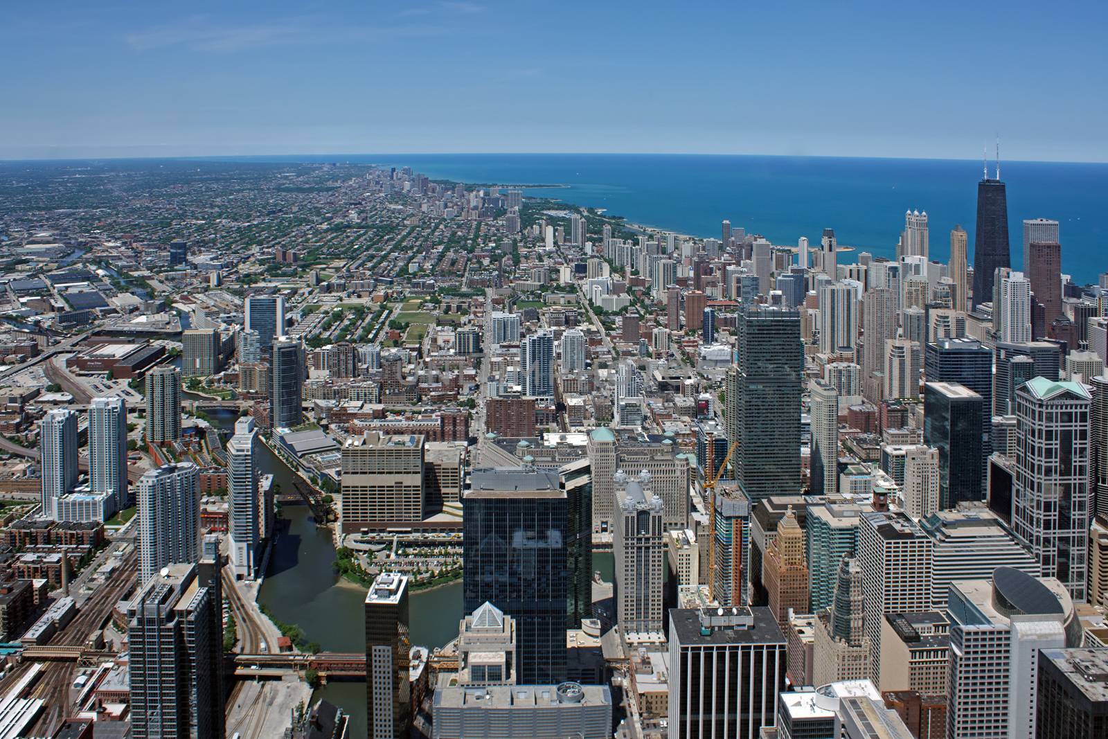 Aerial view of the city of Chicago showing the densely packed buildings.