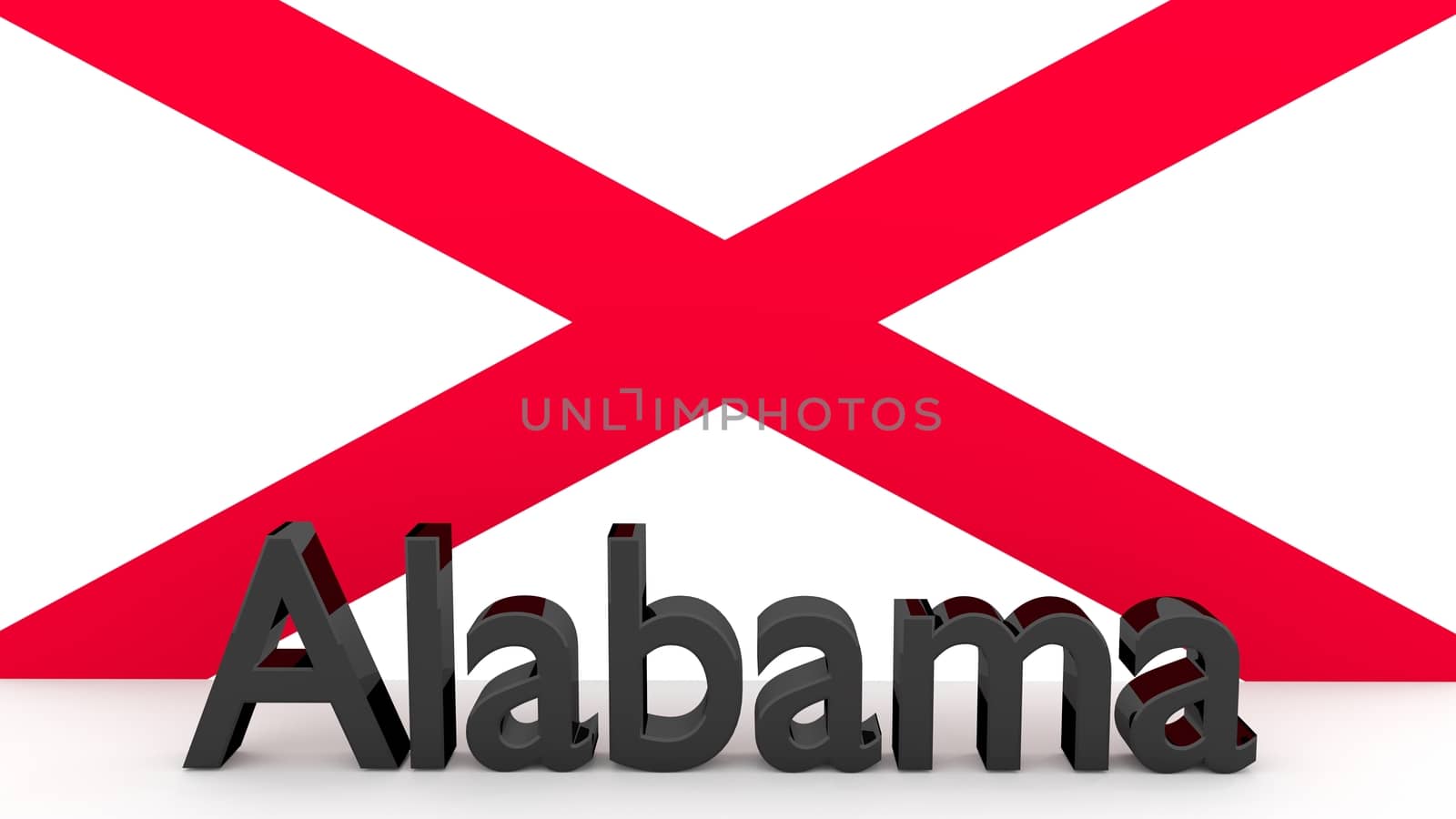 Writing with the name of the US state Alabama made of dark metal  in front of state flag