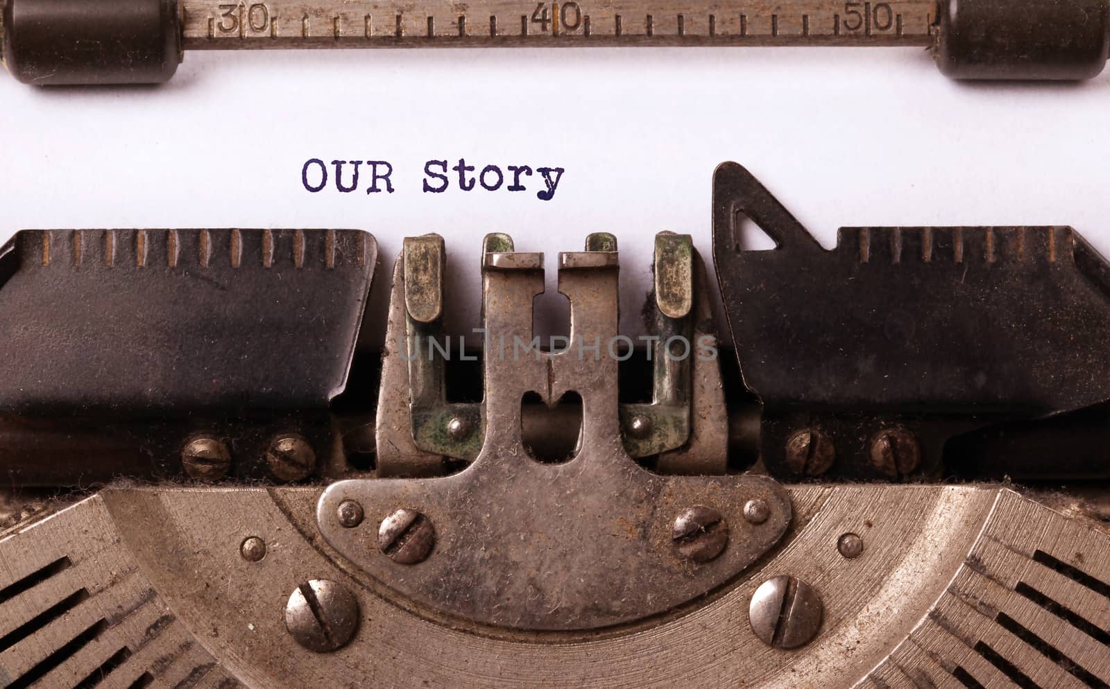 Vintage inscription made by old typewriter, our story