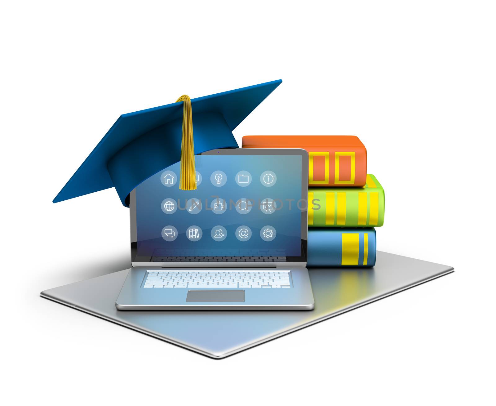3d image. Laptop, hat and books. The concept of computer education. Isolated white background.