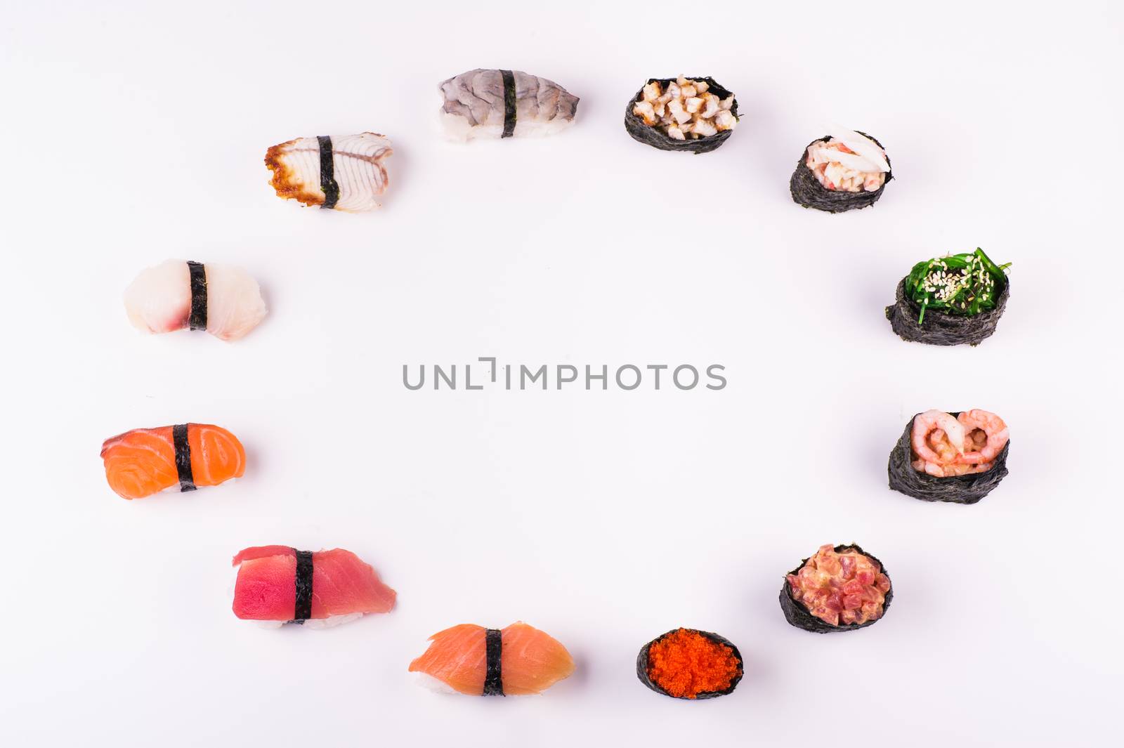 set of sushi  from different seafood isolated on white background