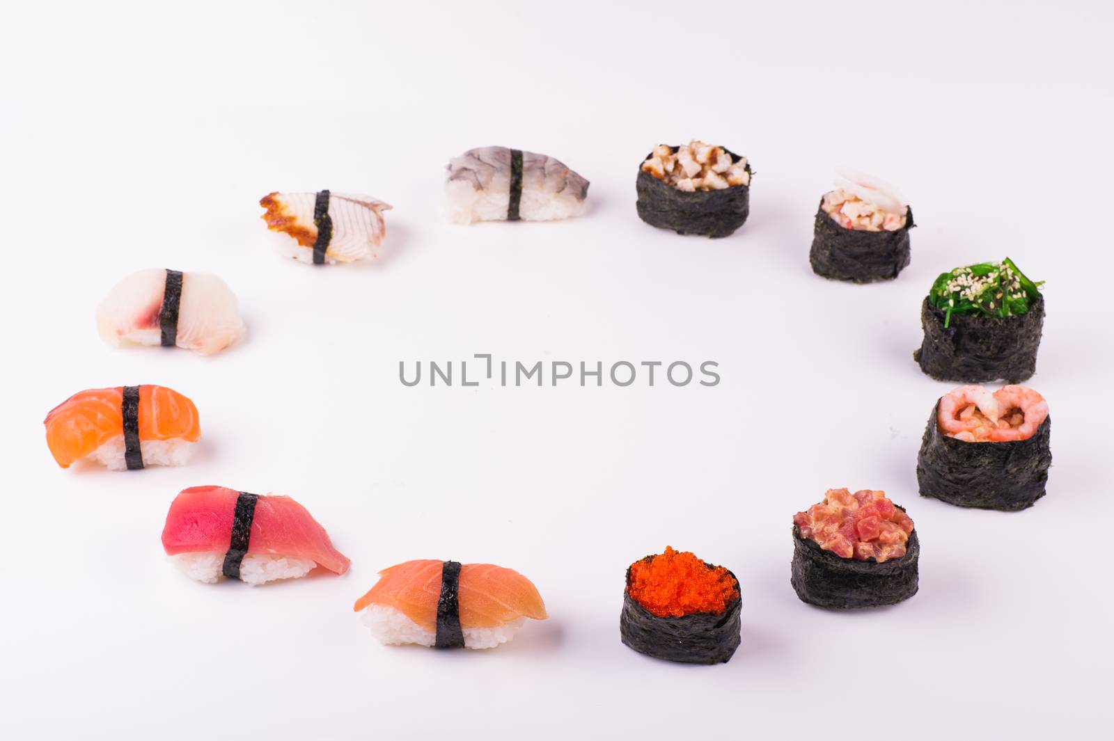 set of sushi  from different seafood isolated on white background