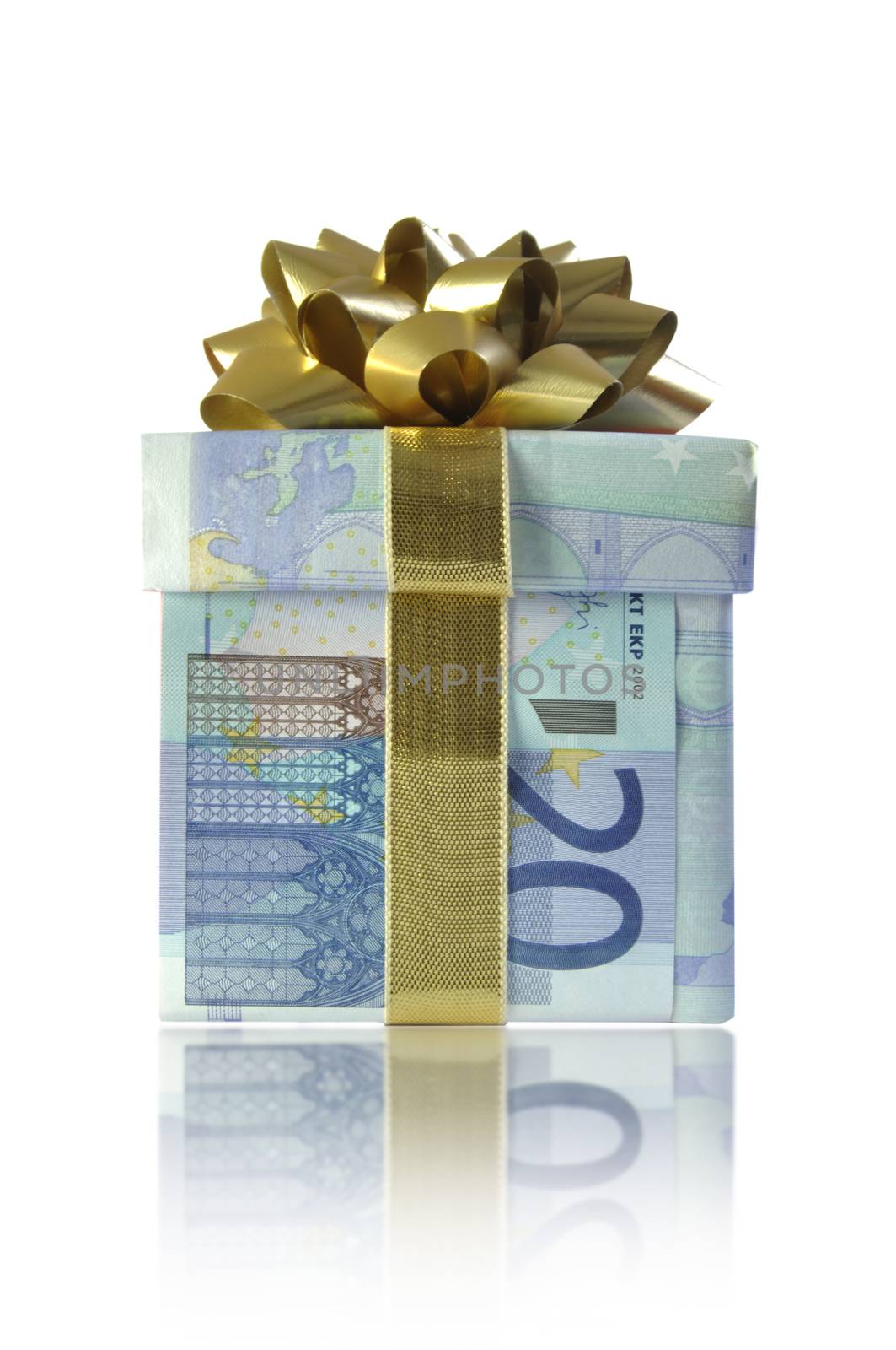 Gift box wrapped with euro banknotes with a gold ribbon 