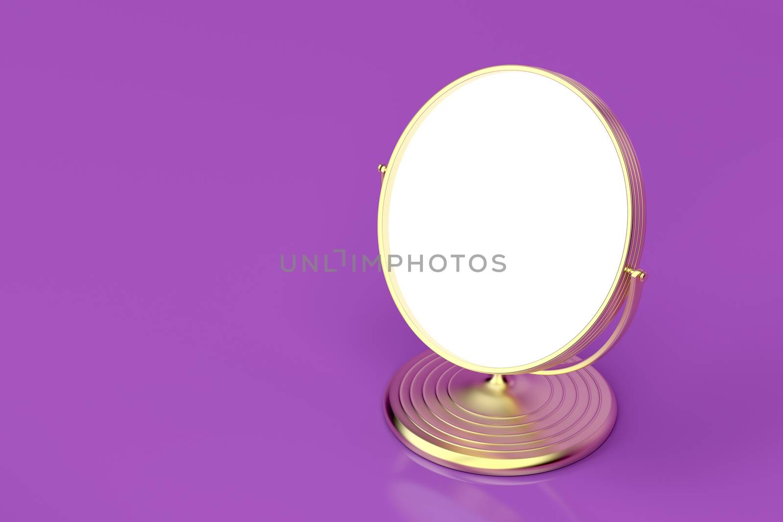 Gold makeup mirror on shiny purple background 