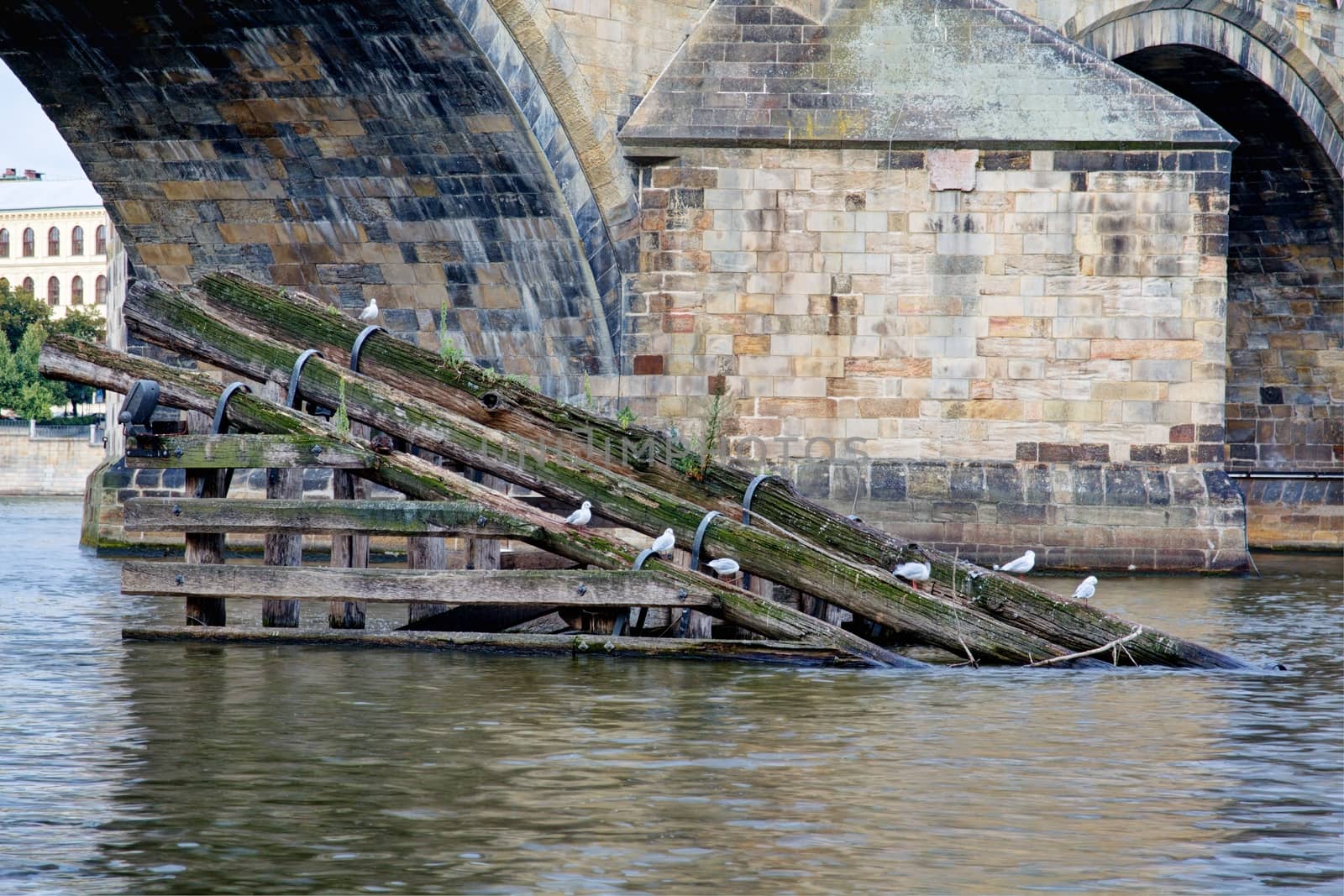 Photo shows the bridge, river and some old houses in Prague.