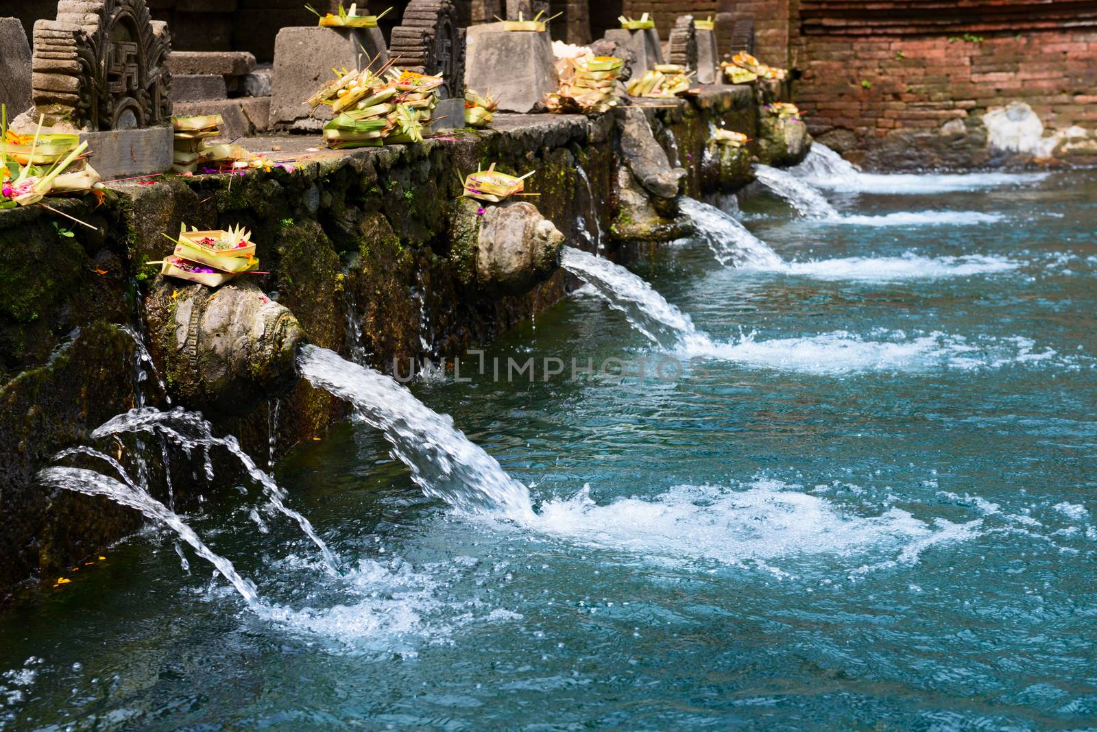 Holy sacred spring water in Puru Tirtha Empul Temple, Bali, Indonesia with purifying pools