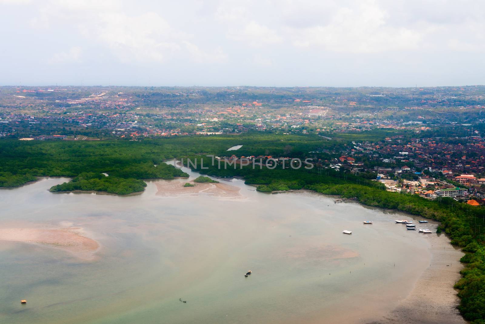Aerial view of Denpasar on Bali showing buildings and mangrove forest