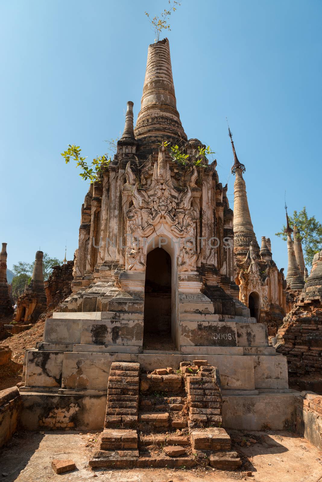 Ruins of ancient Burmese Buddhist pagodas in the village of Indein on Inlay Lake in Shan State, Myanmar (Burma).