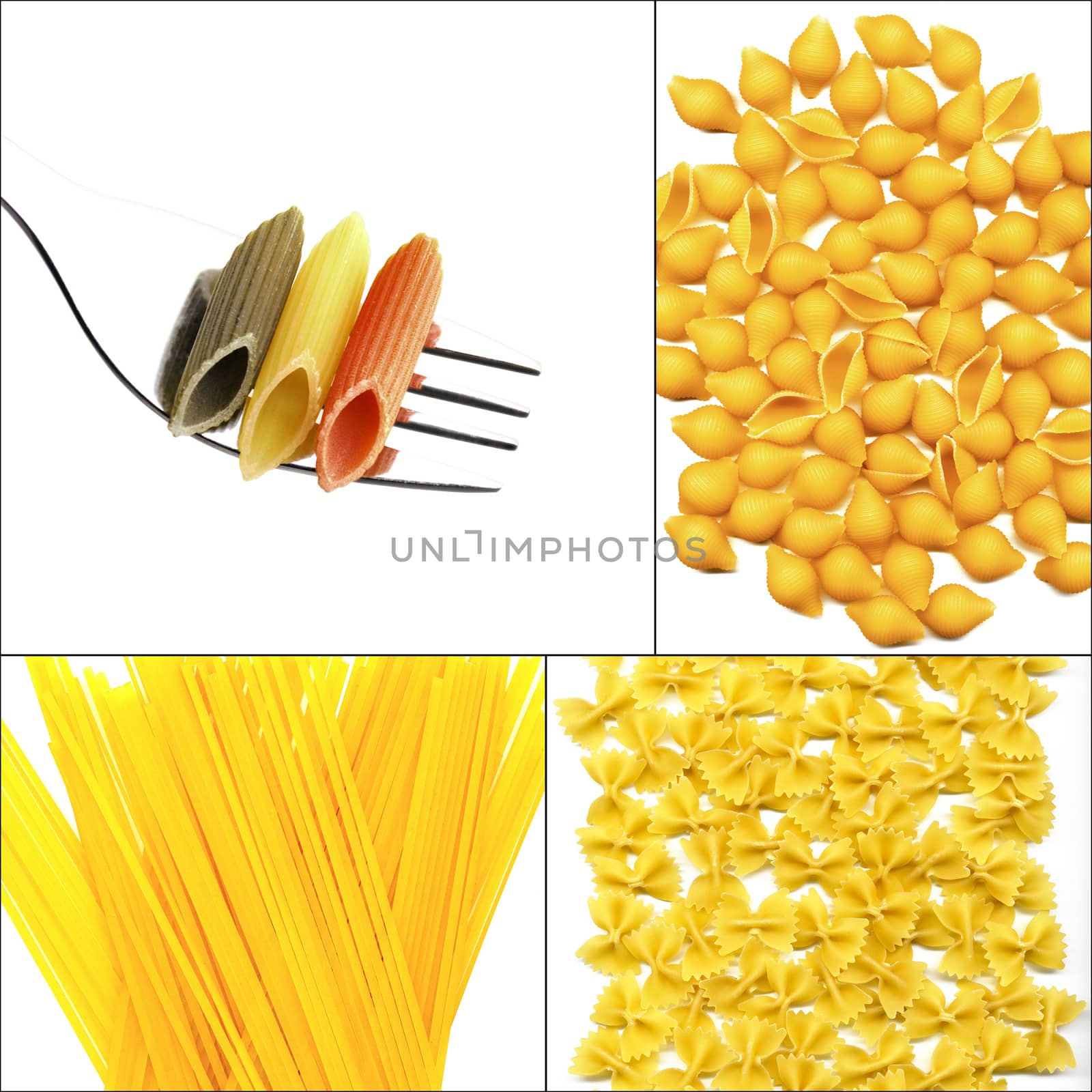 various type of Italian pasta collage on a square frame