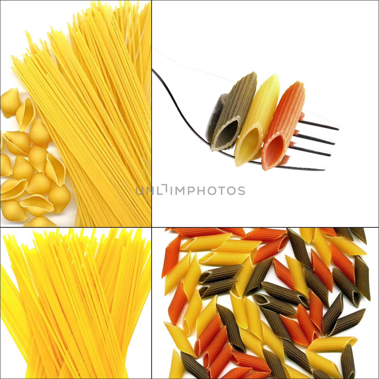 various type of Italian pasta collage on a square frame