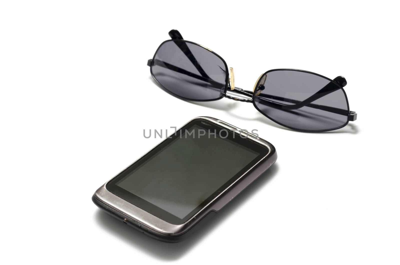 sunglasses with smart phone on a white background