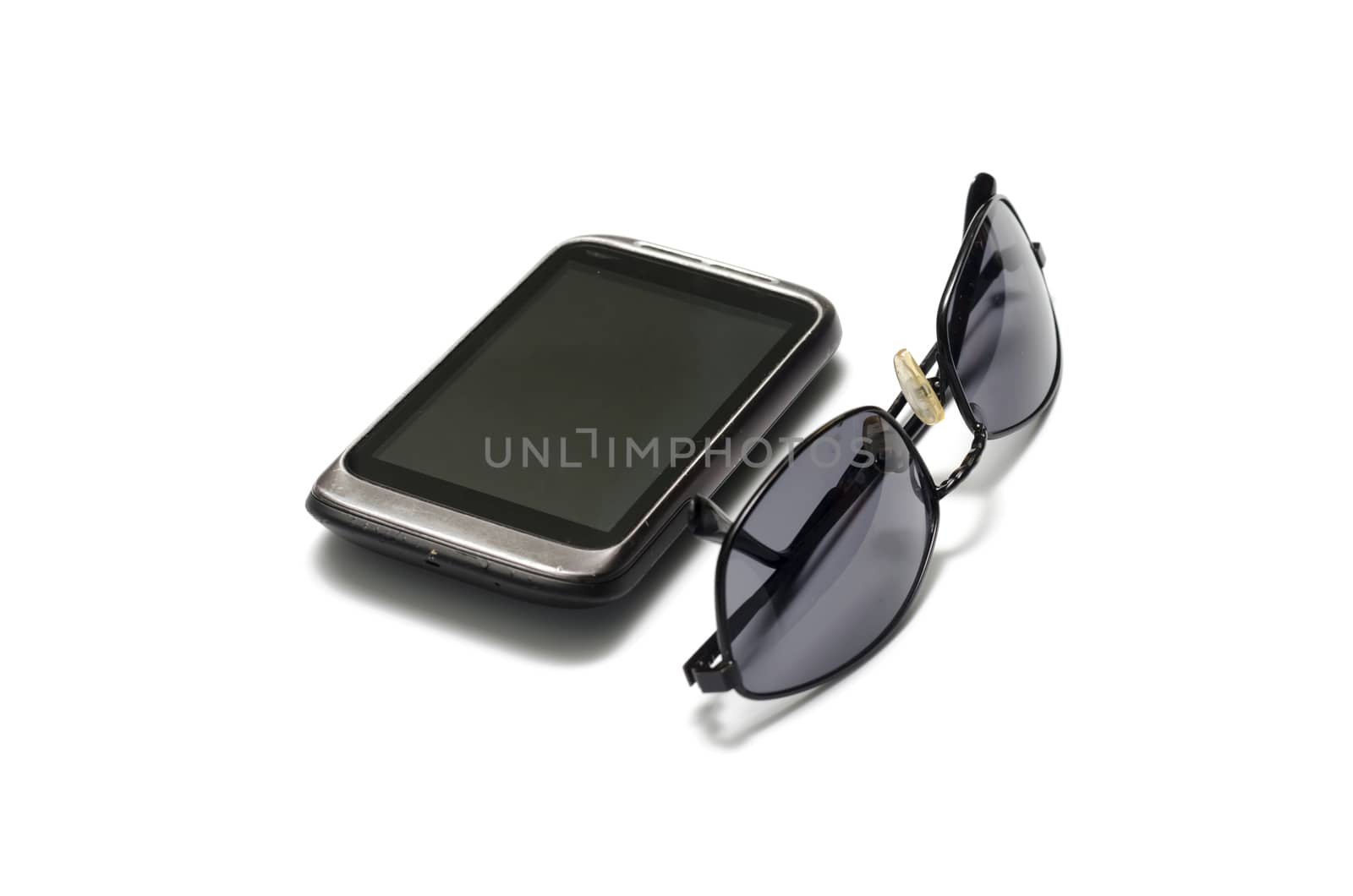 sunglasses with smart phone on a white background