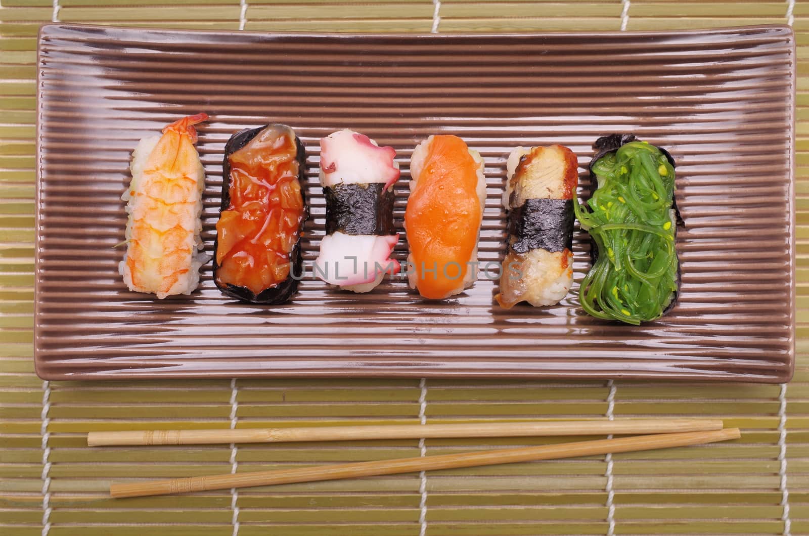 Sushi nigiri, Japanese cuisine with bamboo sticks