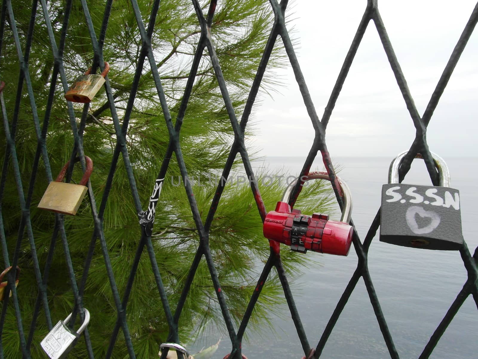 Detail grid with closed locks, on a bridge