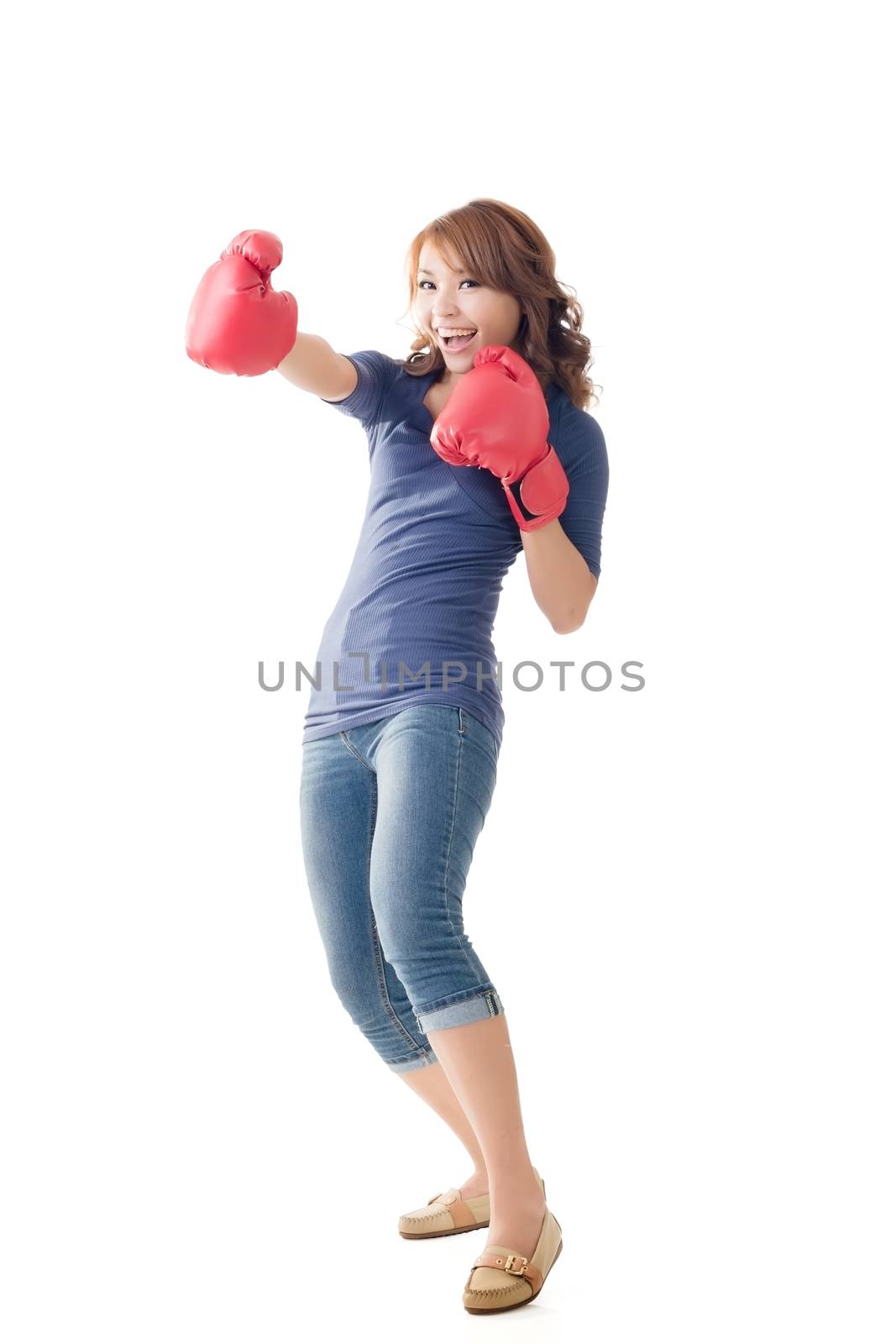Fighting girl concept, full length portrait of Asian isolated.