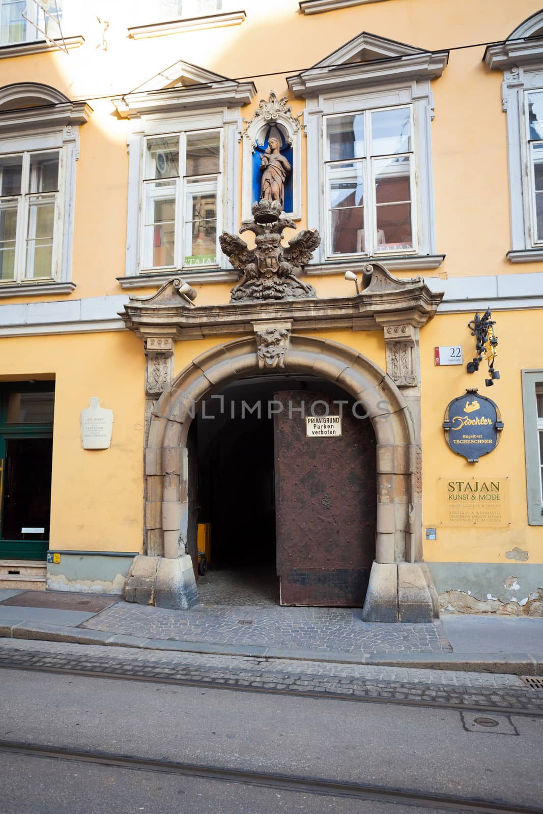 Graz, Austria - January 16, 2011: Typical yellow building facade from  Graz, Austria
