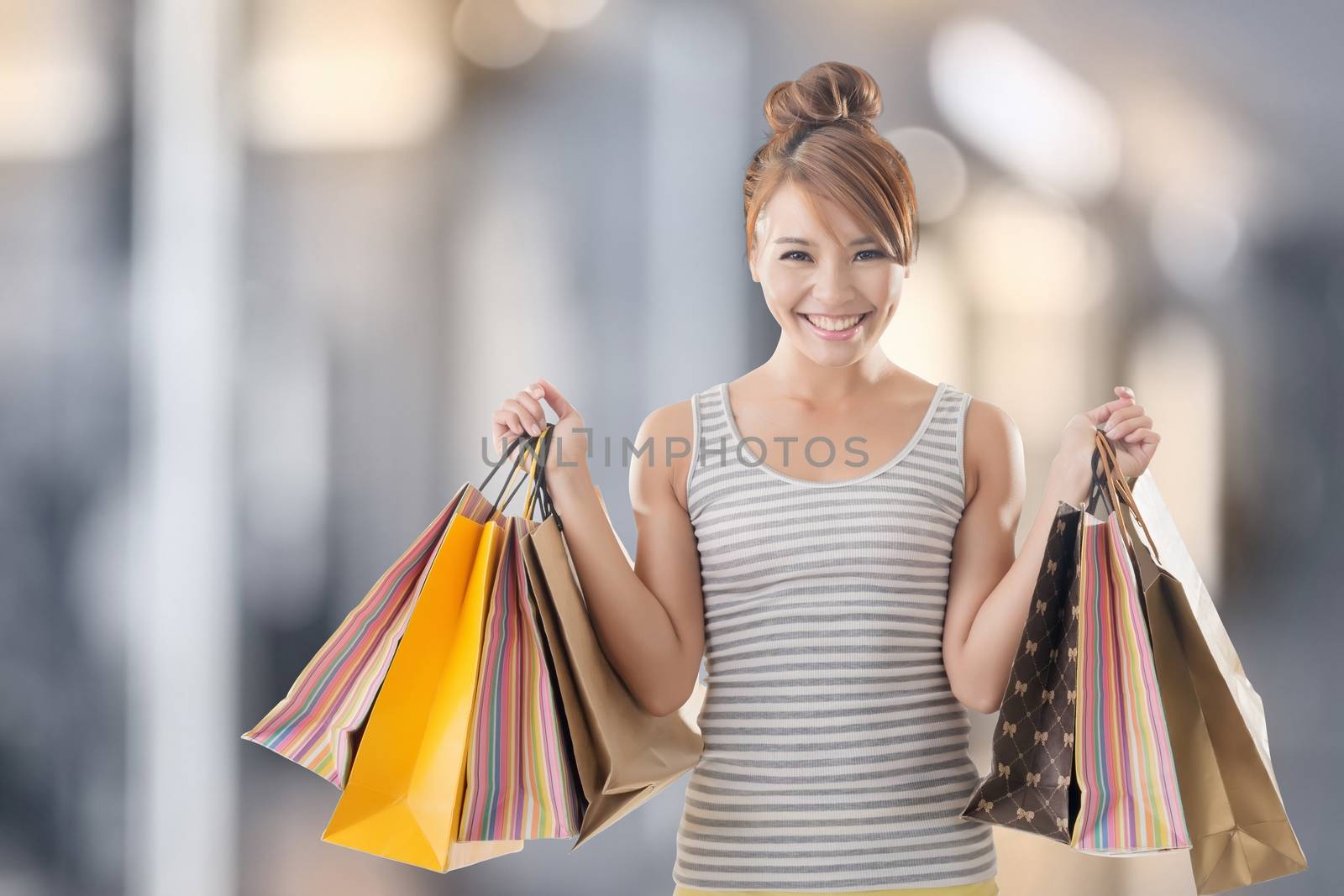 Shopping girl of Asian, closeup portrait isolated on white with clipping path.