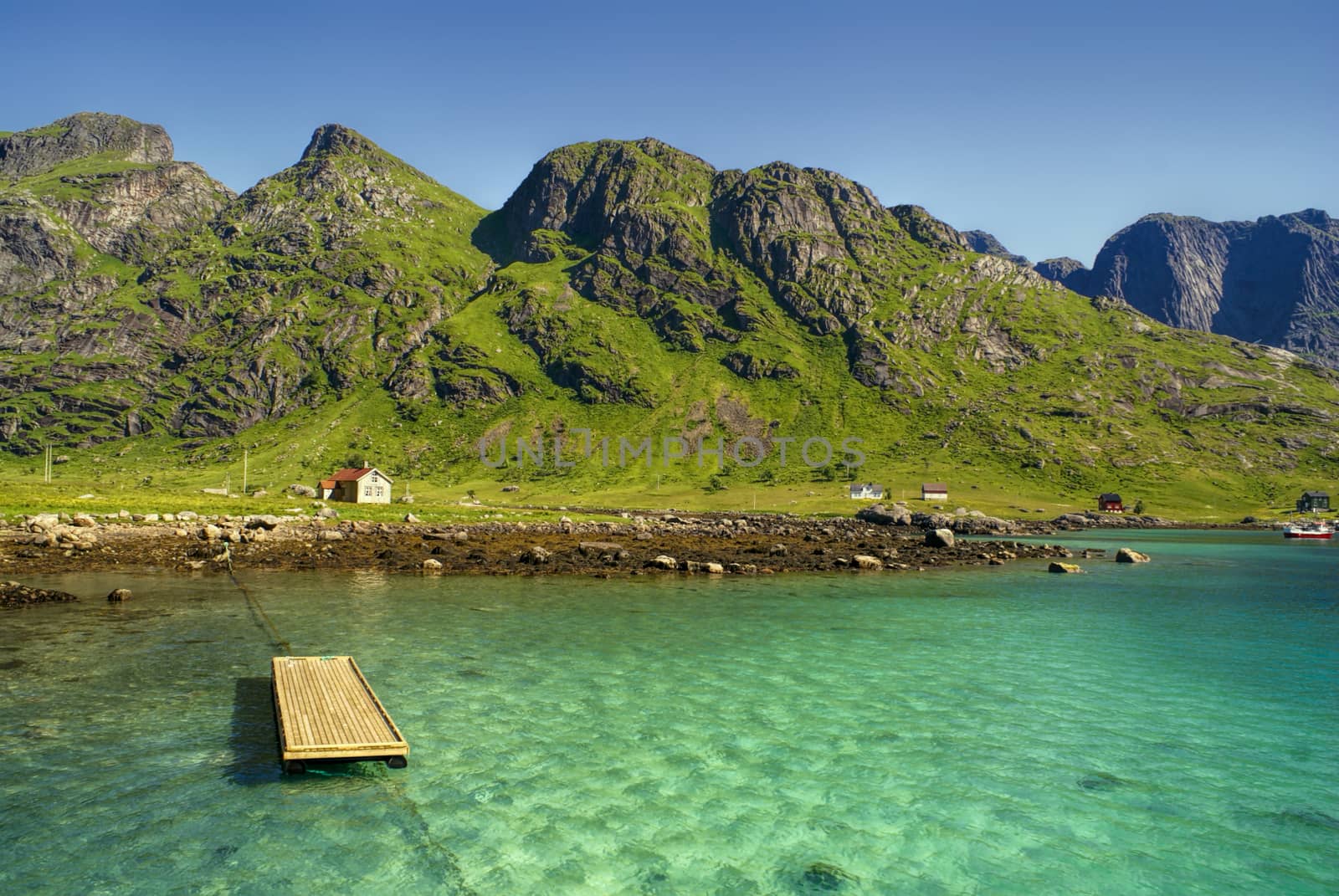 Picturesque coastline of Lofoten islands in Norway near Reine