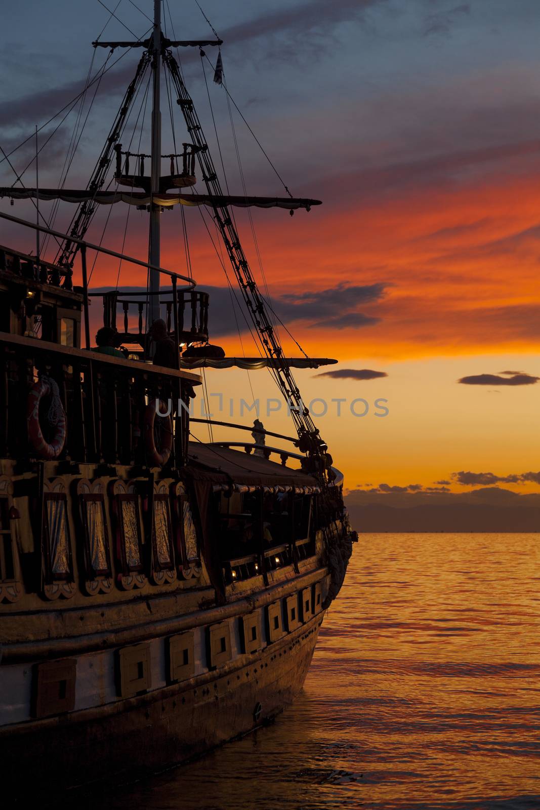 Old Fashion Sail Boat near Harbor at Sunset in Thessaloniki - Greece