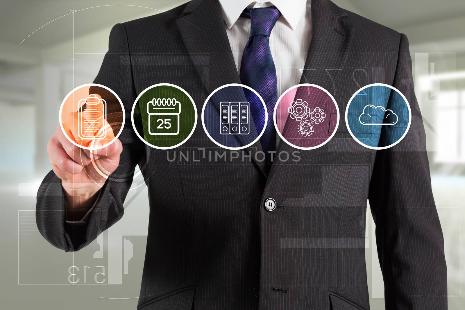 Businessman in suit pointing finger at menu against abstract white design in room