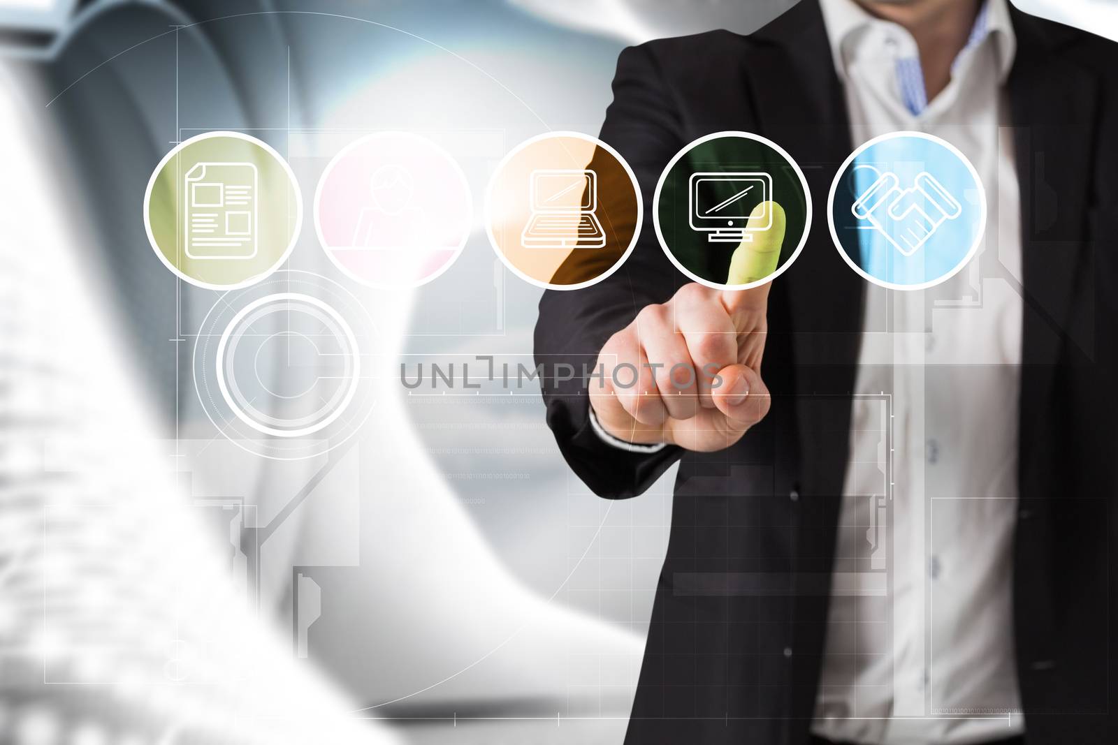 Composite image of businessman standing and pointing at menu by Wavebreakmedia