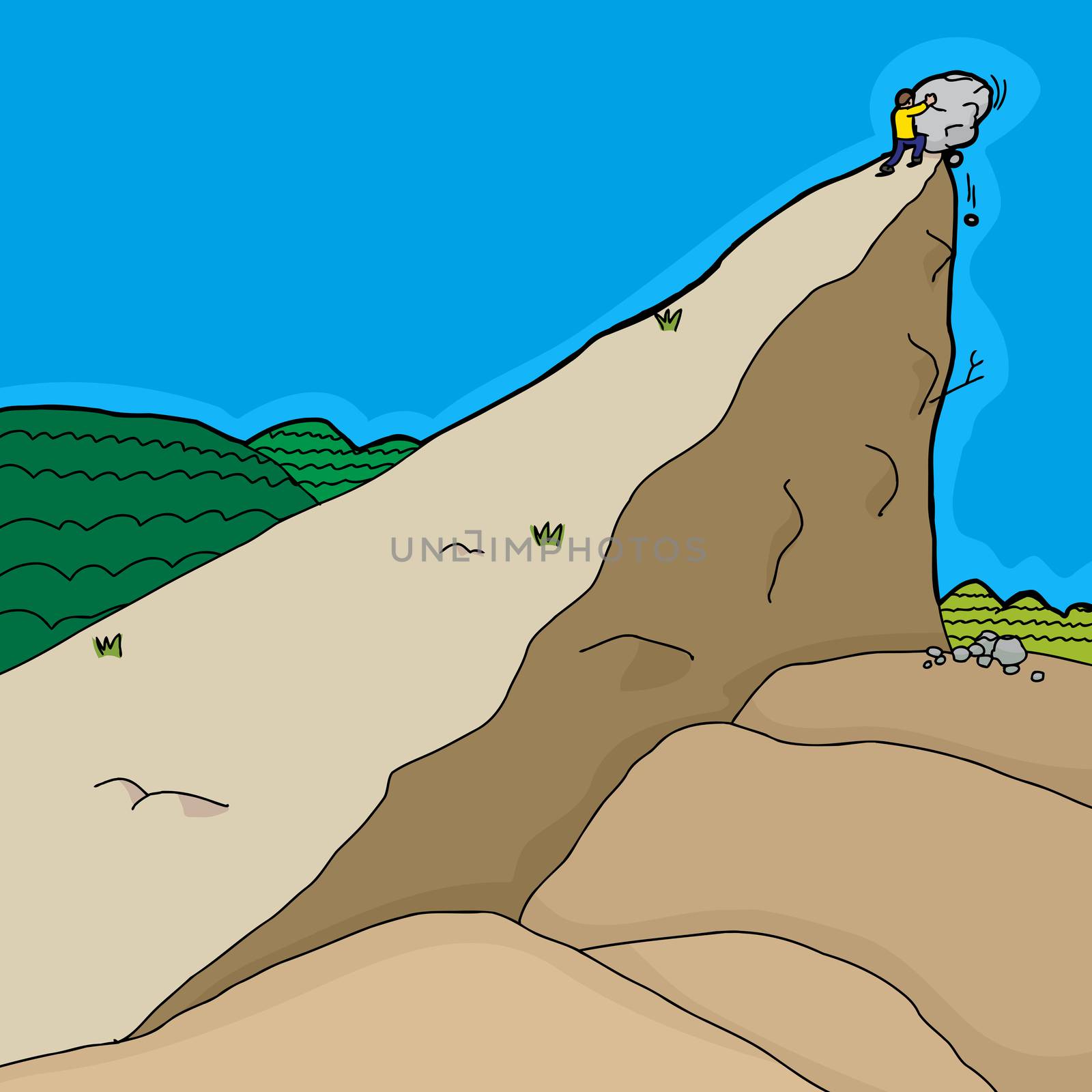 Cartoon of determined man pushing rocks up hill