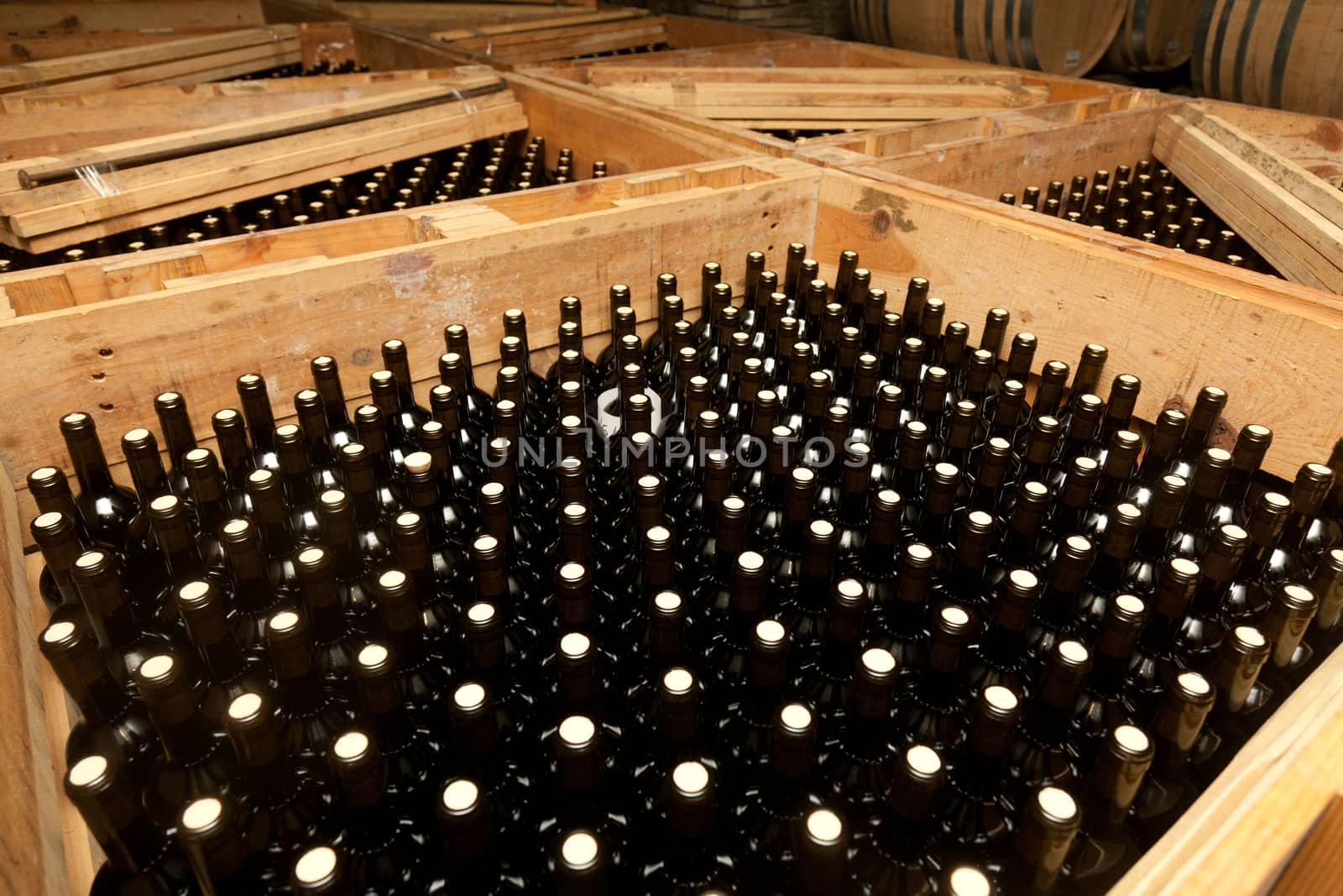 Packaged bottles of wine in large wooden crates