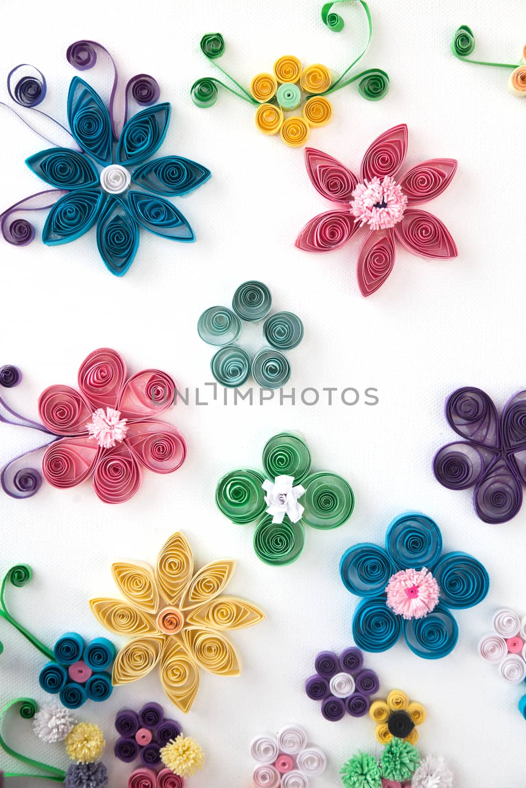 Closeup of big origami star flowers from paper with selective focus