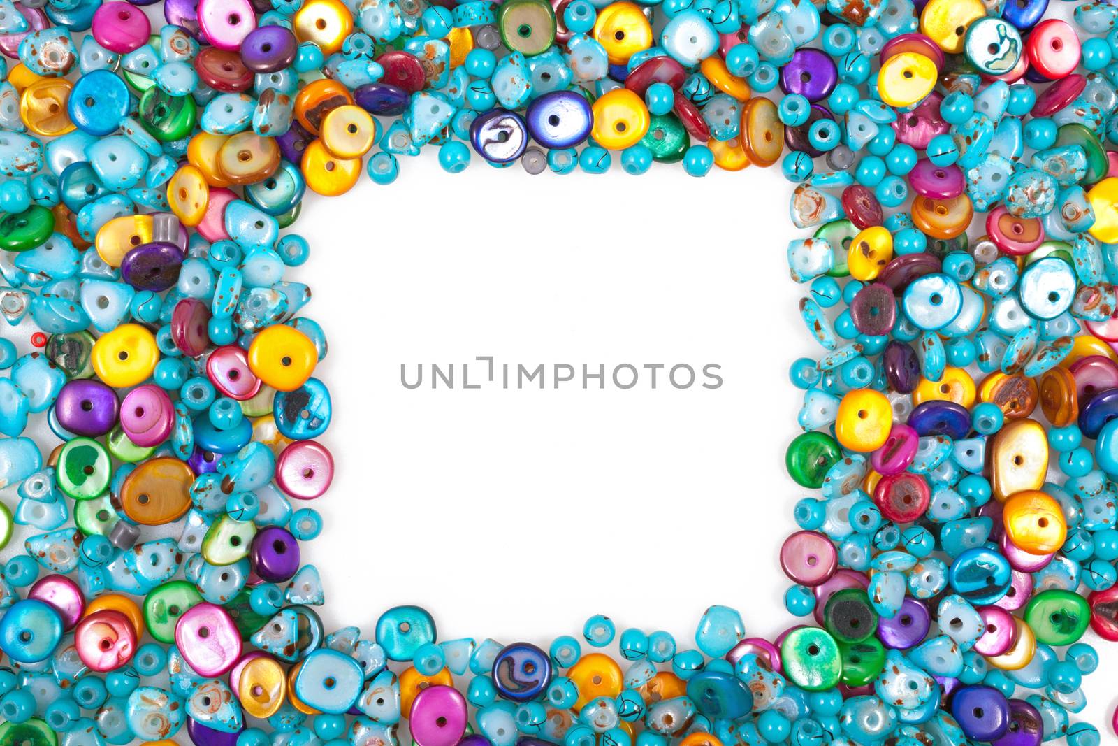 Colorful beads, square shape space for photo or text isolated on white background