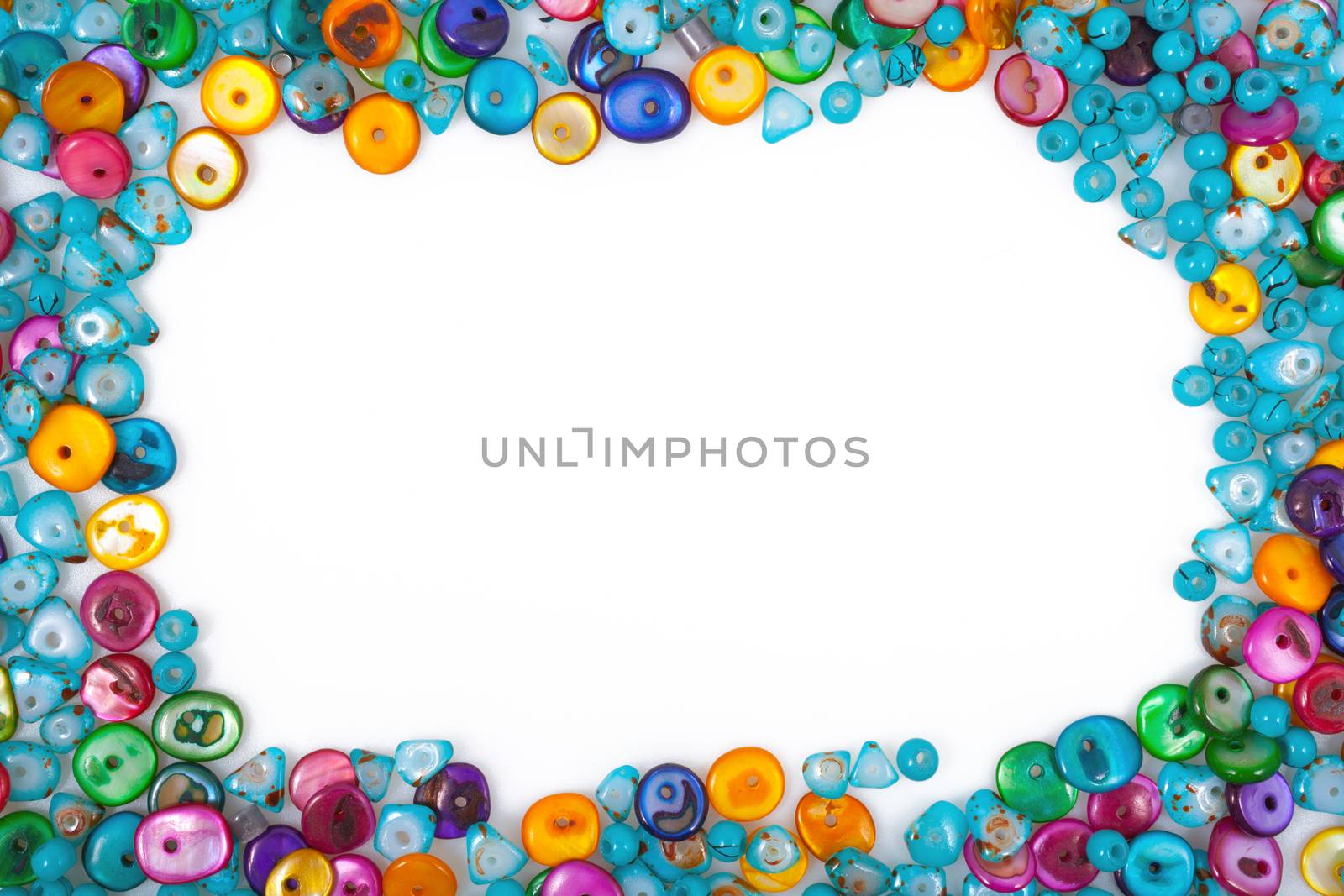 Colorful beads, rectangle shape space for photo or text isolated on white background