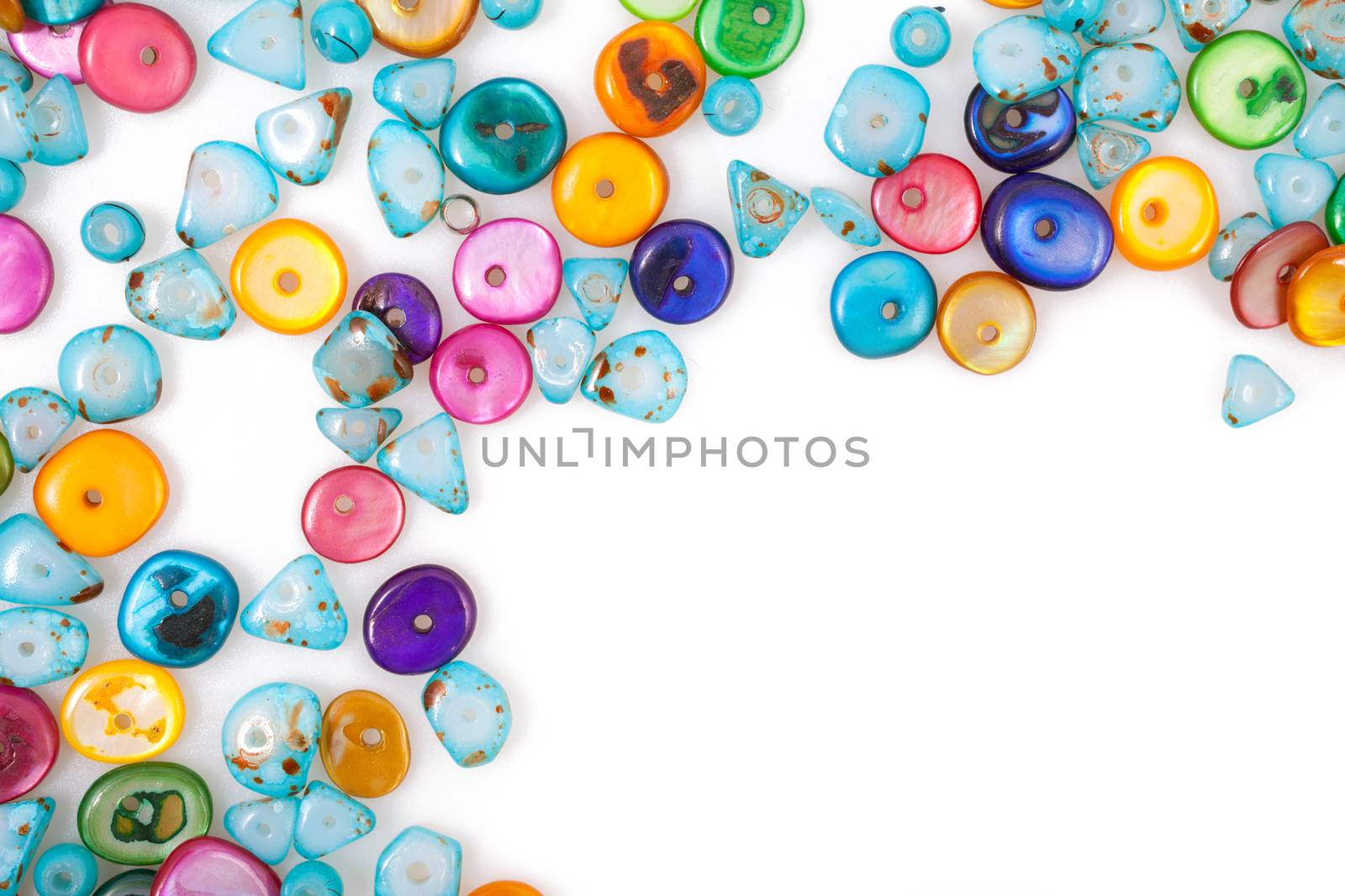 Colorful beads, with space for photo or text isolated on white background