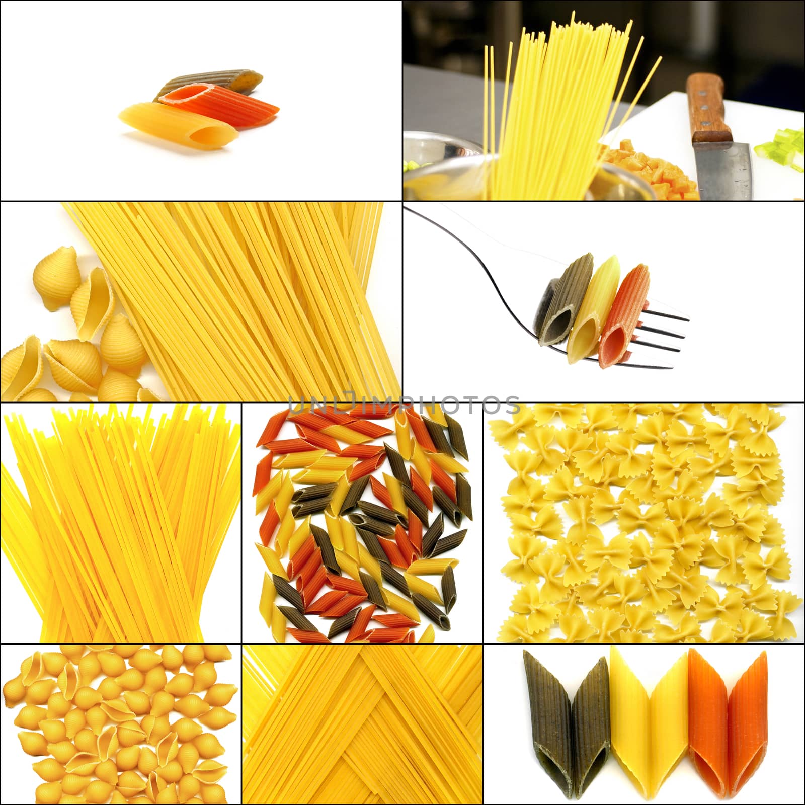 various type of Italian pasta collage on a square frame