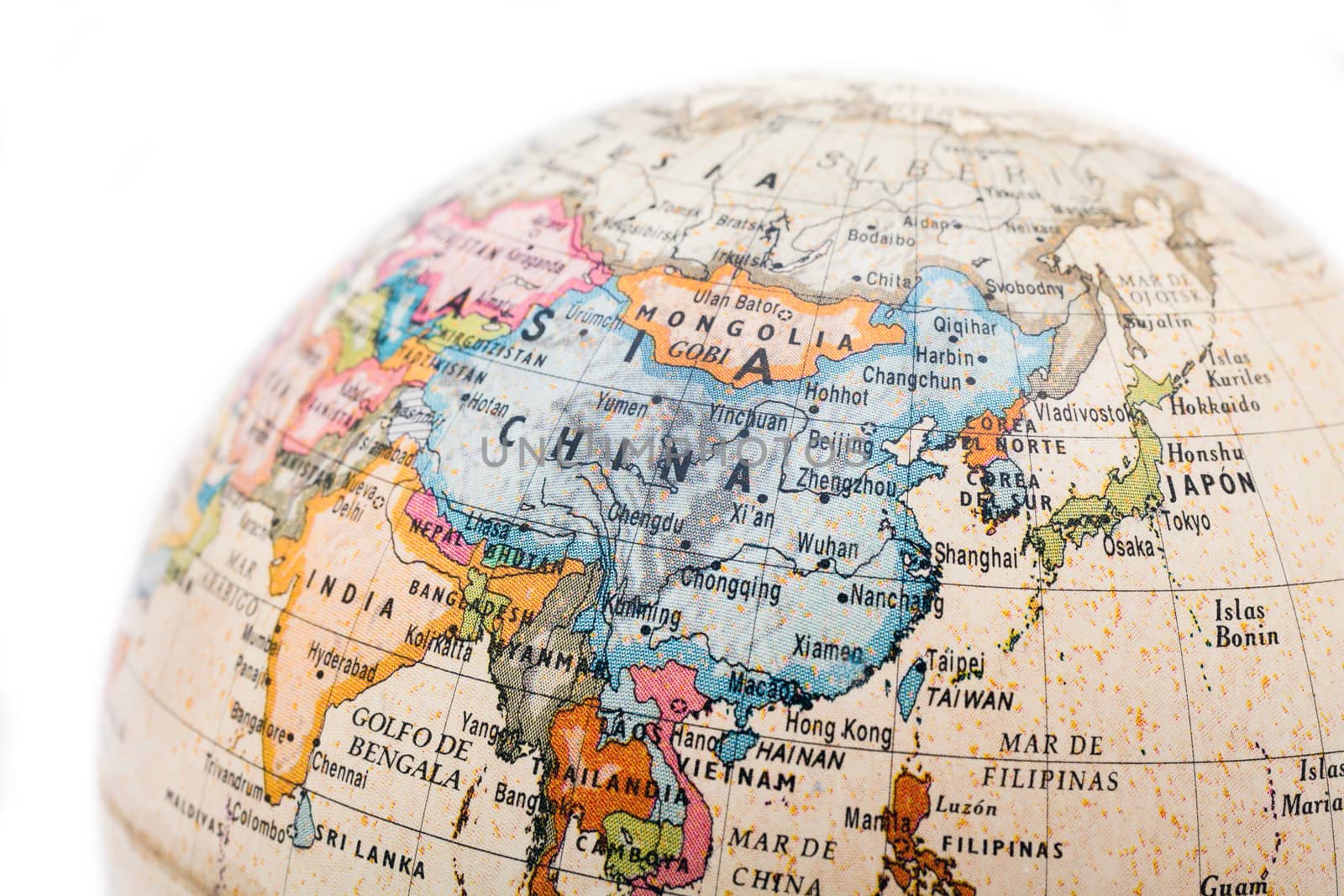 Part of a globe with map of China isolated on white background