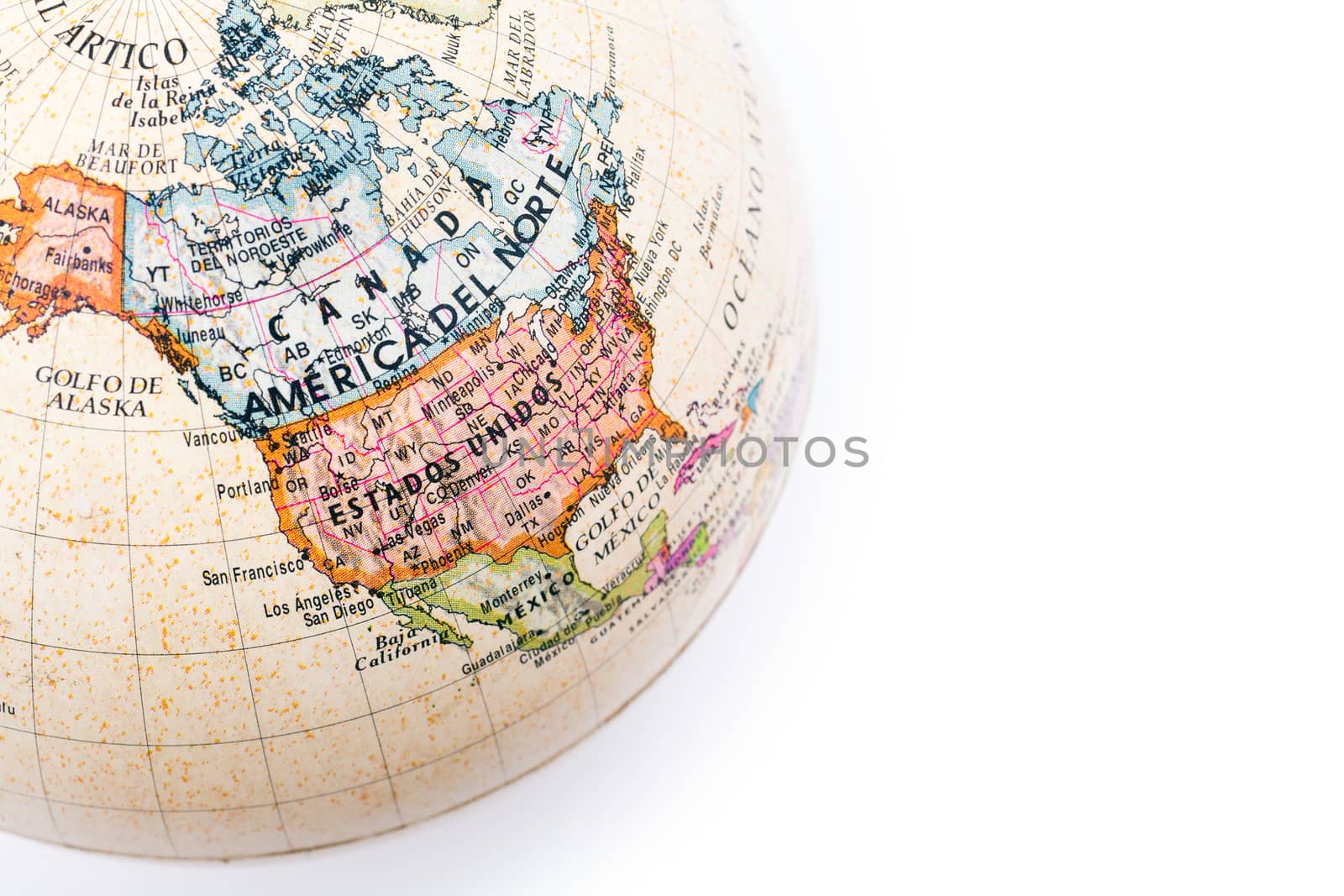 Part of a globe with map of Canada and USA isolated on white background