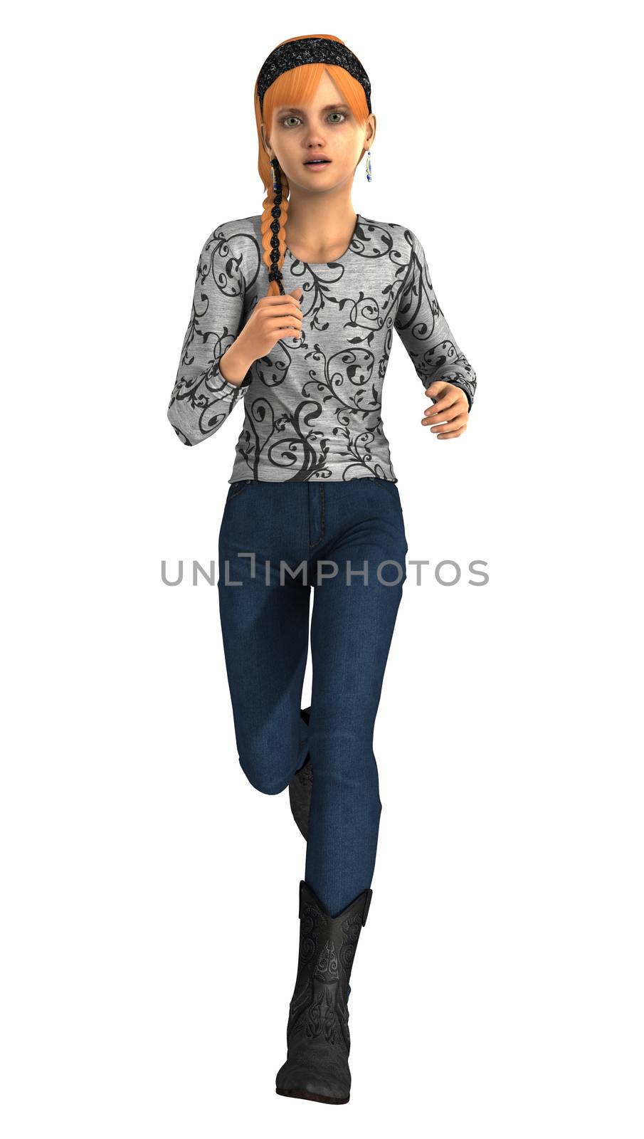 3D digital render of a running teenager girl isolated on white background