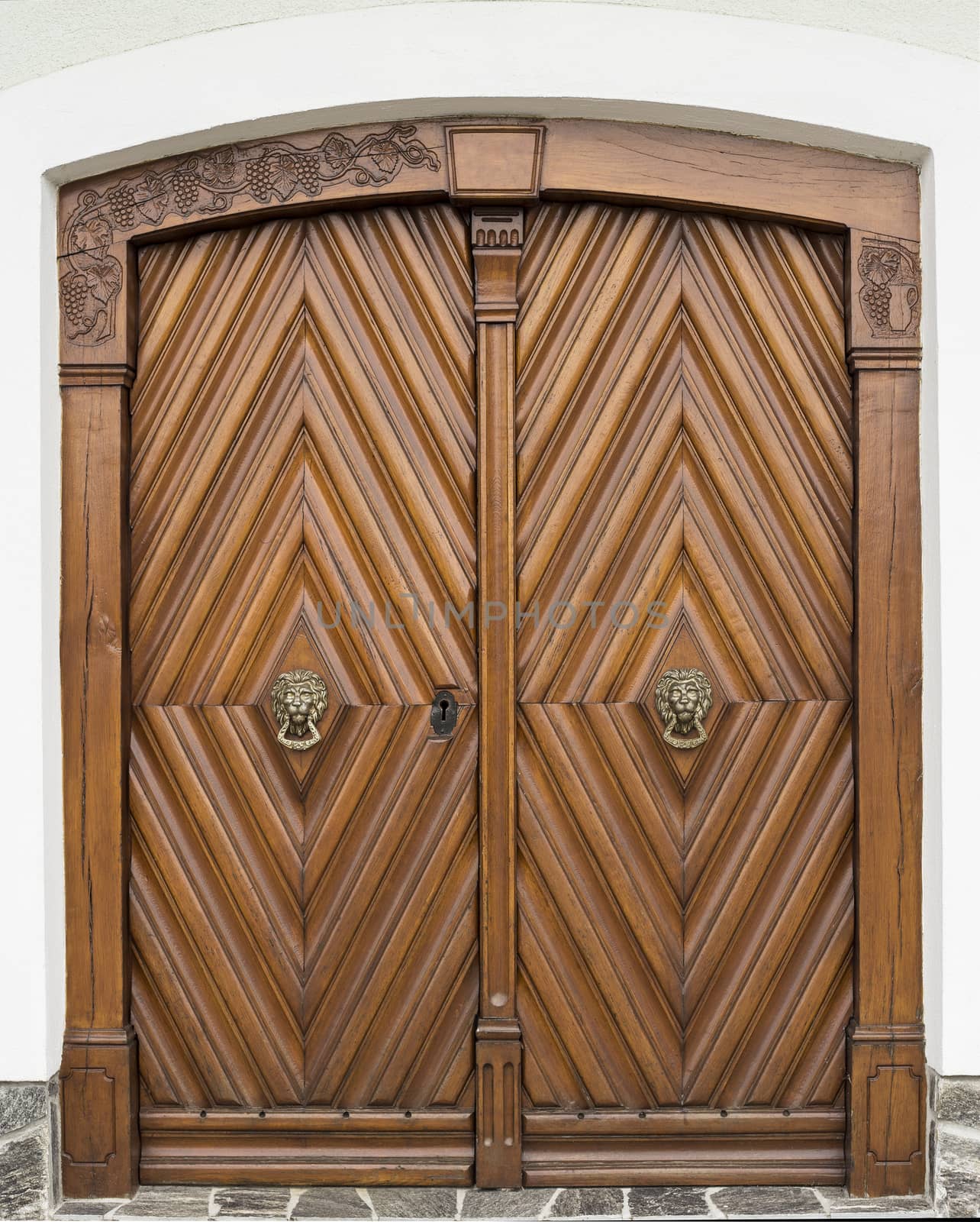 Old door with a golden lion handles.