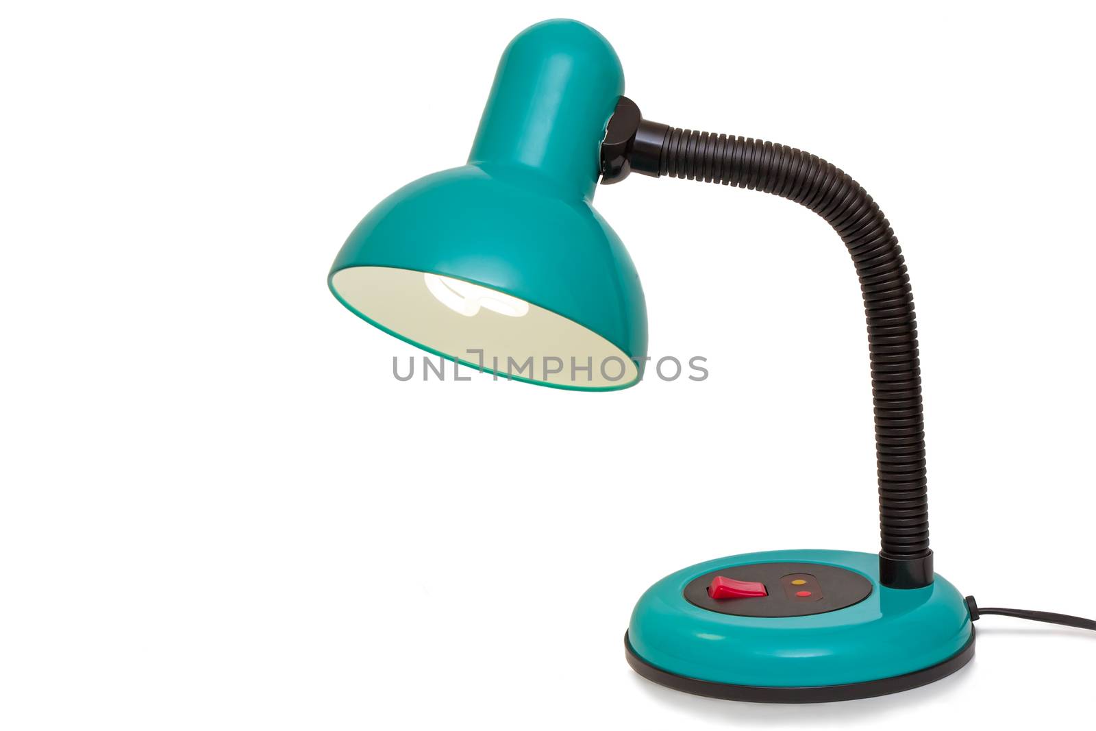 Table lamp with green metal shade and a flexible tripod. Presented on a white background.