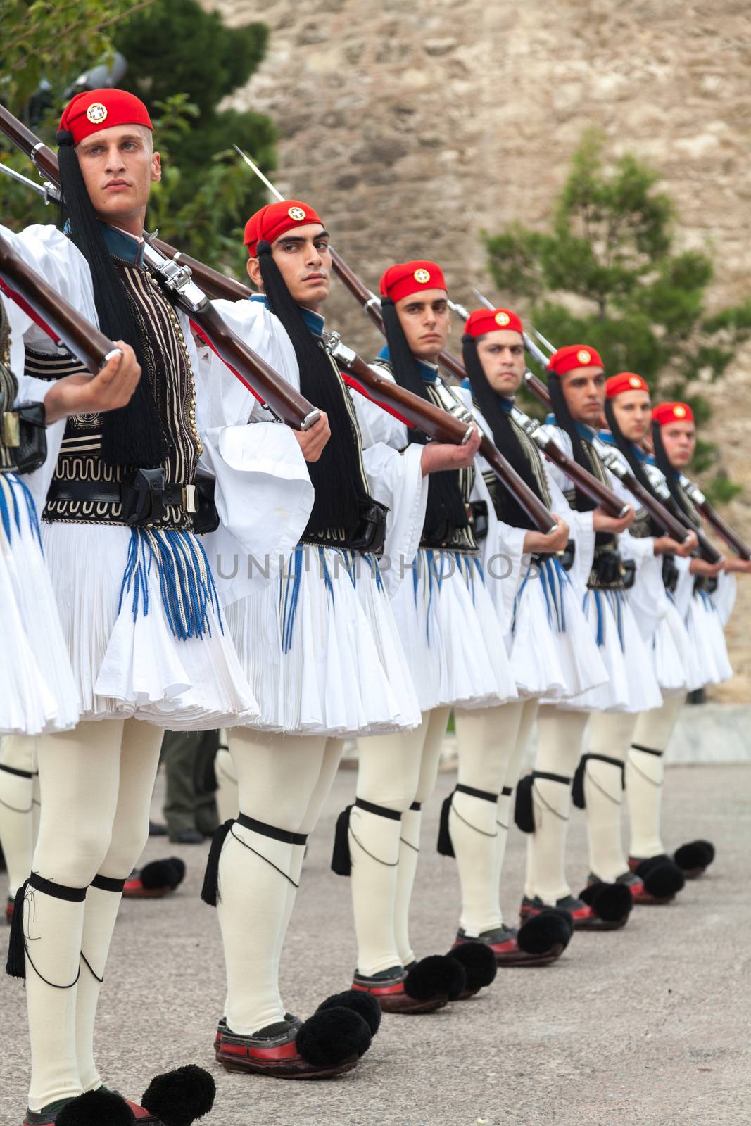 THESSALONIKI, GREECE - OCT 27:100th liberation anniversary from the City's 500 years Ottoman Empire Occupation; flown of the Greek flag on the White Tower on Oct 27, 2012 in Thessaloniki, Greece