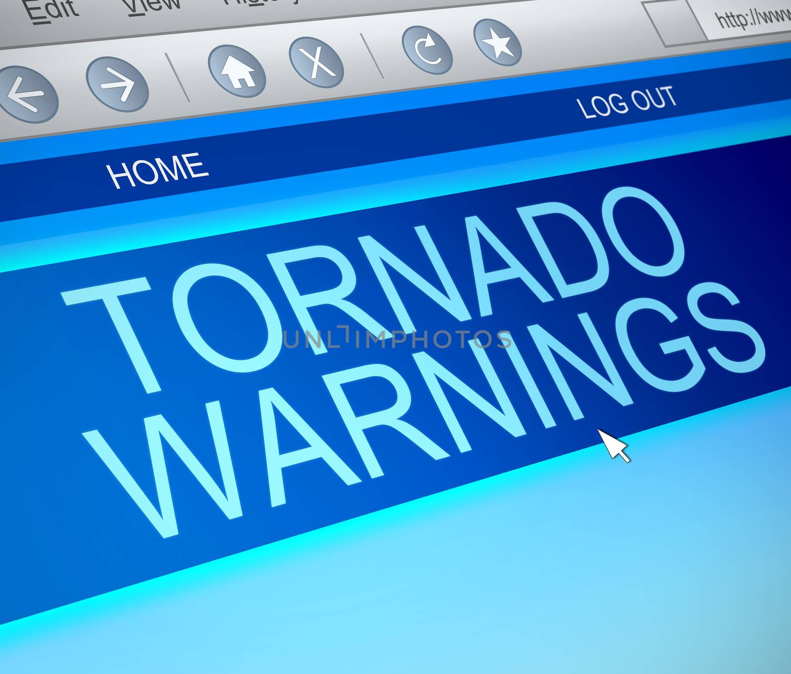 Illustration depicting a computer screen capture with a tornado warning concept.