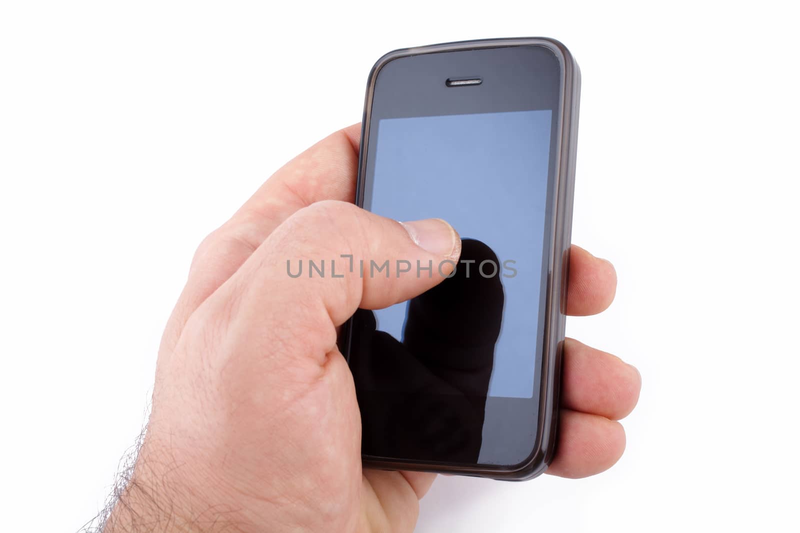 Male hand holding a smart phone mobile communicator over a white background.