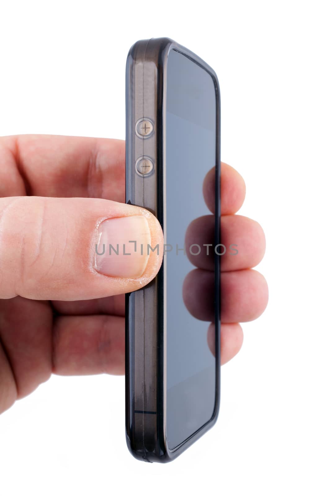 Male hand holding a smart phone mobile communicator over a white background.