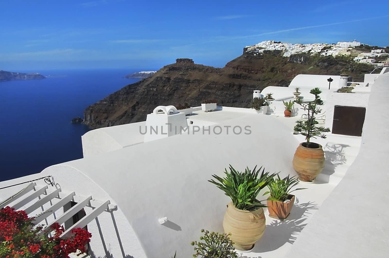 scenic view in white-blue colors on the Santorini island, Greece